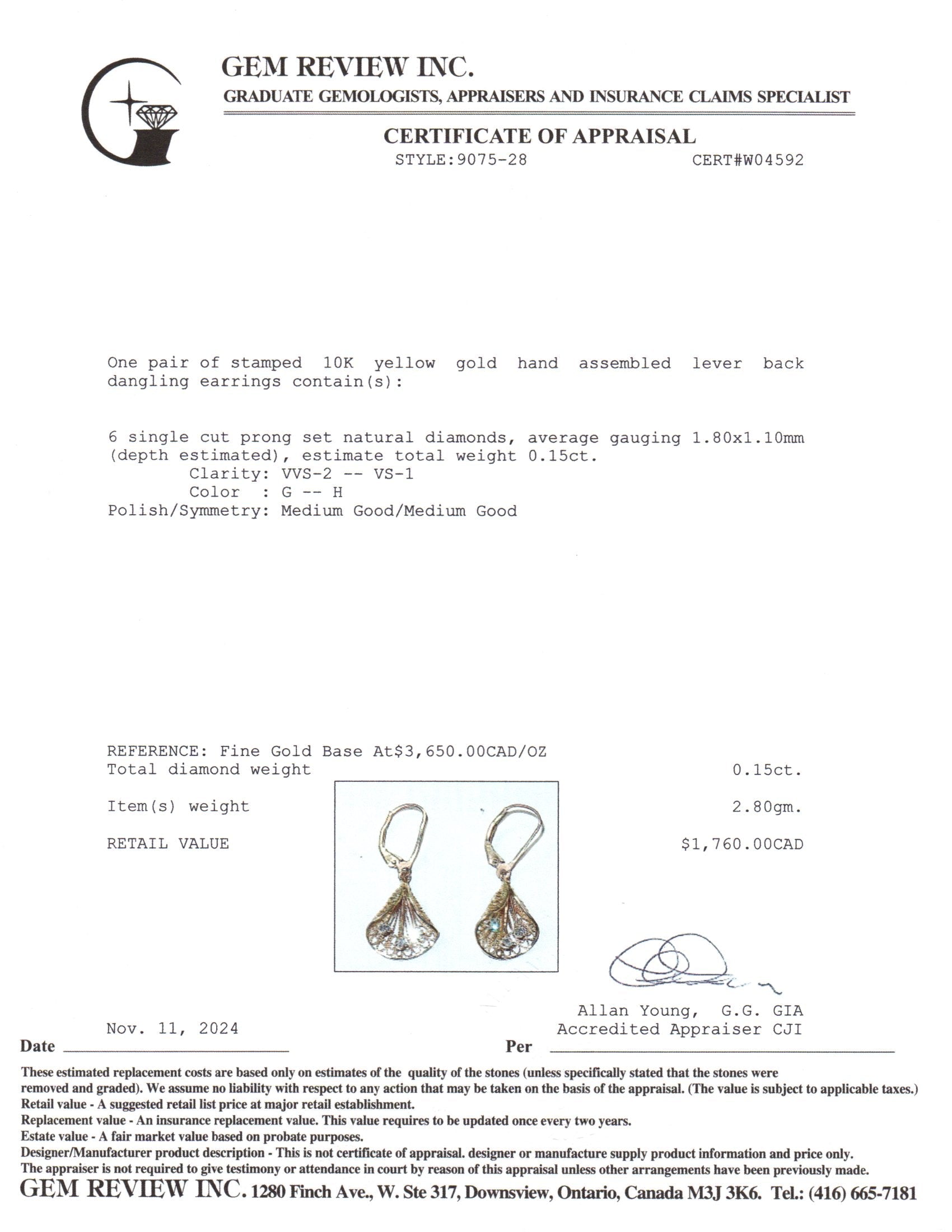 10K Yellow Gold Diamond Drop Earrings for Women | 0.15ctw G-H Color SI Clarity | Elegant Dangling Earrings for Wedding, Party & Special Occasions