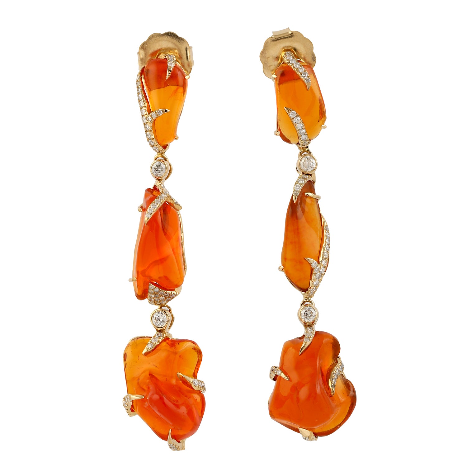 18K Yellow Gold Pave Diamond Fire Opal Drop Earrings for Women - Elegant Dangle Earrings for Parties, Weddings & Special Occasions
