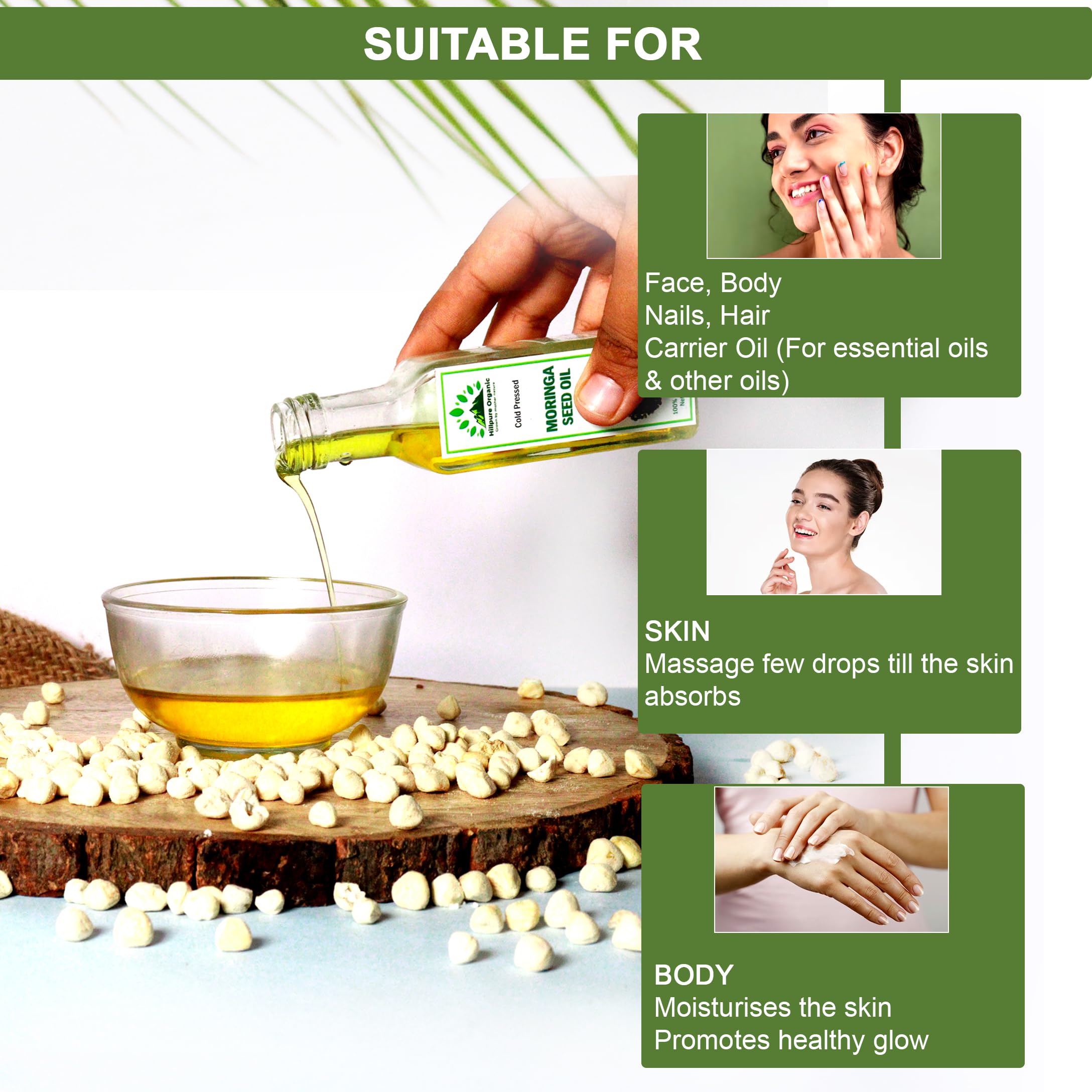 Premium Cold Pressed Moringa Seed Oil - 100% Pure & Natural Organic Face, Hair & Body Oil | Hydrates Skin, Strengthens Hair | Glass Bottle (65ml) | Perfect for Daily Skincare & Haircare Routine