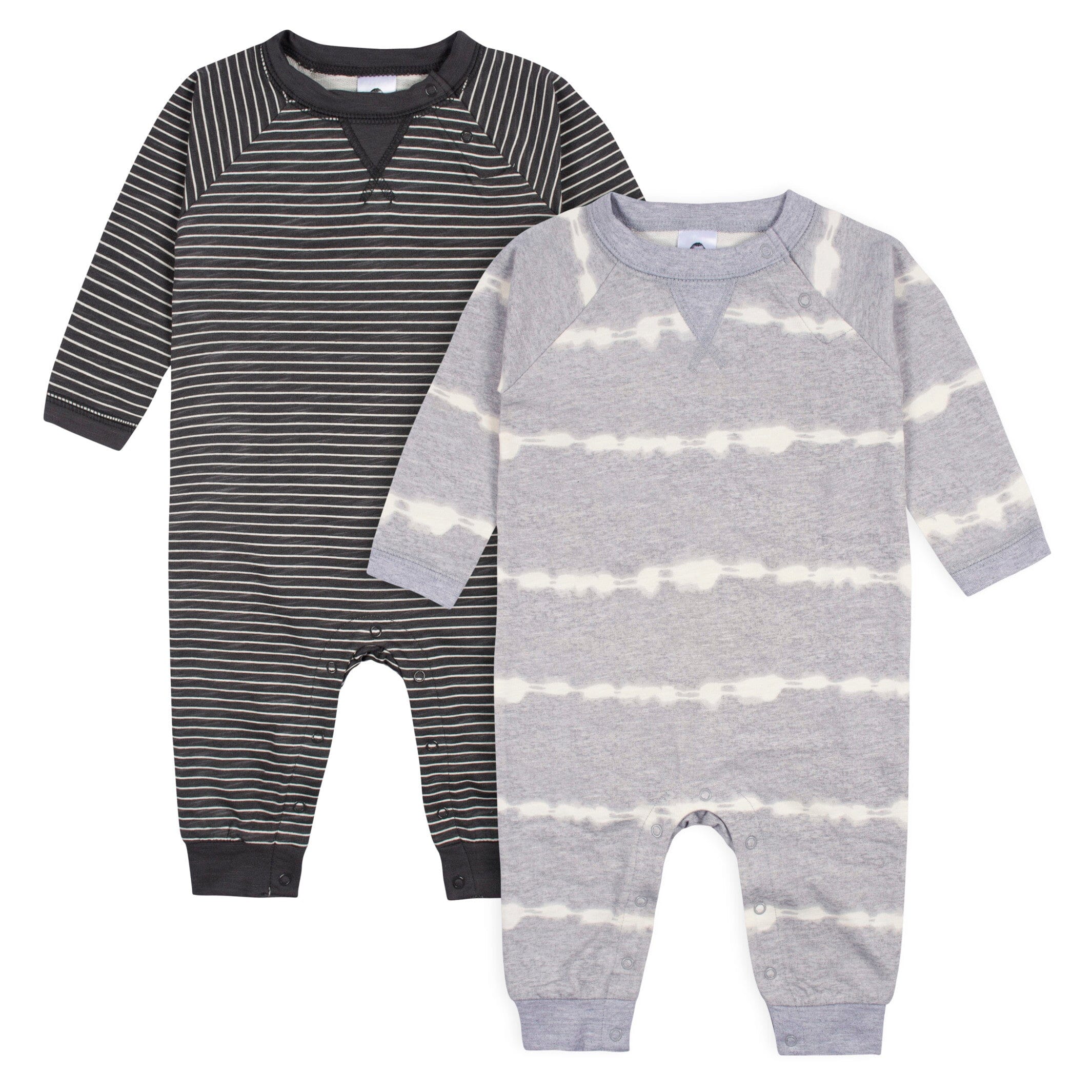 2 Pack Baby Boys Light Gray Tie Dye & Striped Raglan Sleeve Romper - Soft Cotton Jumpsuits for Newborns & Infants - Perfect for Playtime, Photoshoots & Everyday Wear