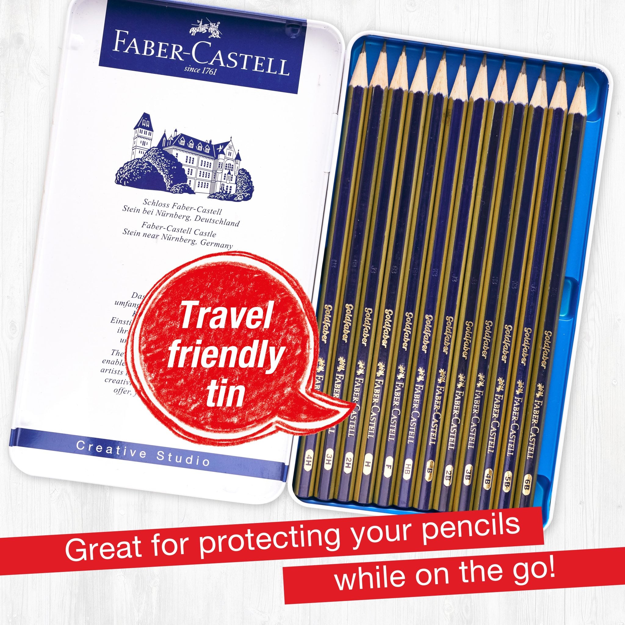 Premium Goldfaber Graphite Pencils Set - 12 Pack (Tin Box) #900012 for Artists, Sketching & Professional Drawing
