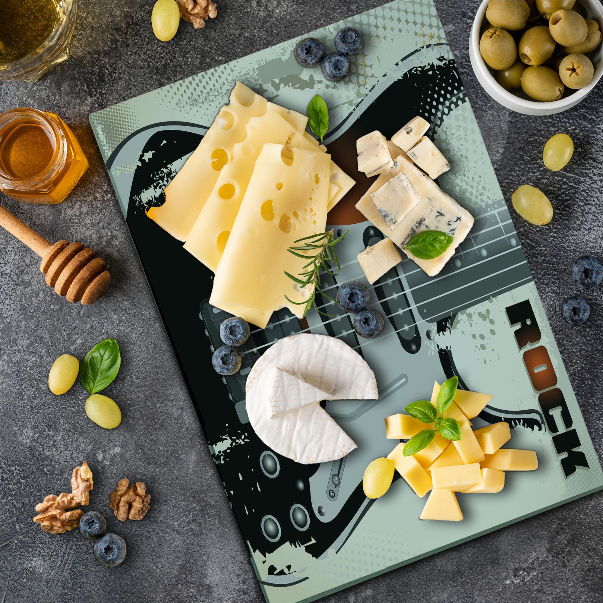 Ambesonne Rock Music Themed Tempered Glass Cutting Board - Large Decorative Serving Tray with Retro Guitar Pattern & Grunge Design - Perfect for Kitchen Prep, Charcuterie Boards & Music Lover Gifts