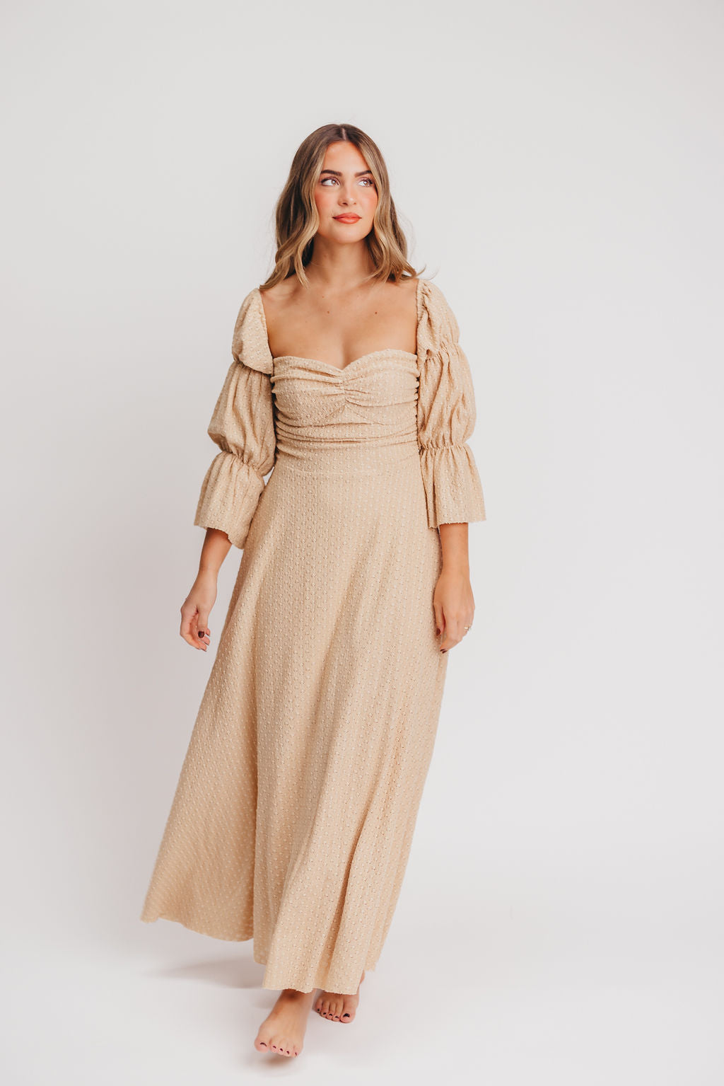 Corrine Tiered Sleeve Maxi Dress with Pockets - Bump Friendly Maternity Dress in Beige | Perfect for Pregnancy, Nursing, and Special Occasions