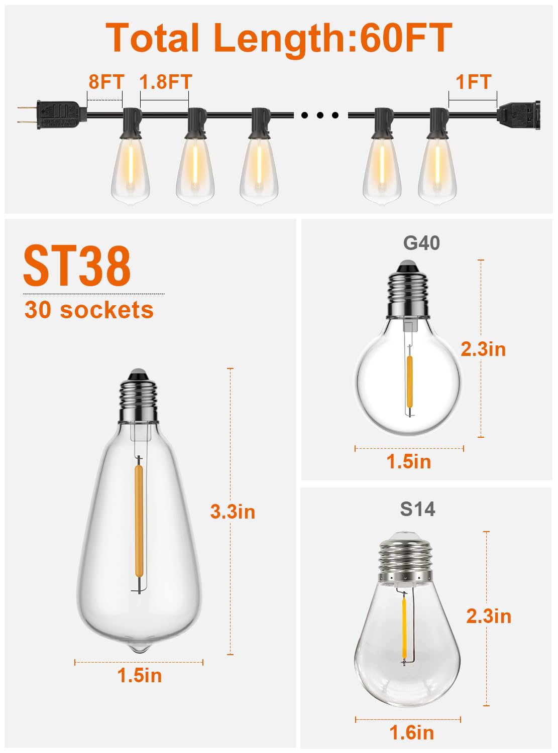 GPATIO 60FT Outdoor String Lights - 32 Hanging Globe ST38 Bulbs, Waterproof Shatterproof 2700K Warm White - Perfect for Backyard, Gazebo, Porch, Garden & Commercial Outdoor Decor | Create Cozy Ambiance for Parties, Weddings & Restaurant Patios
