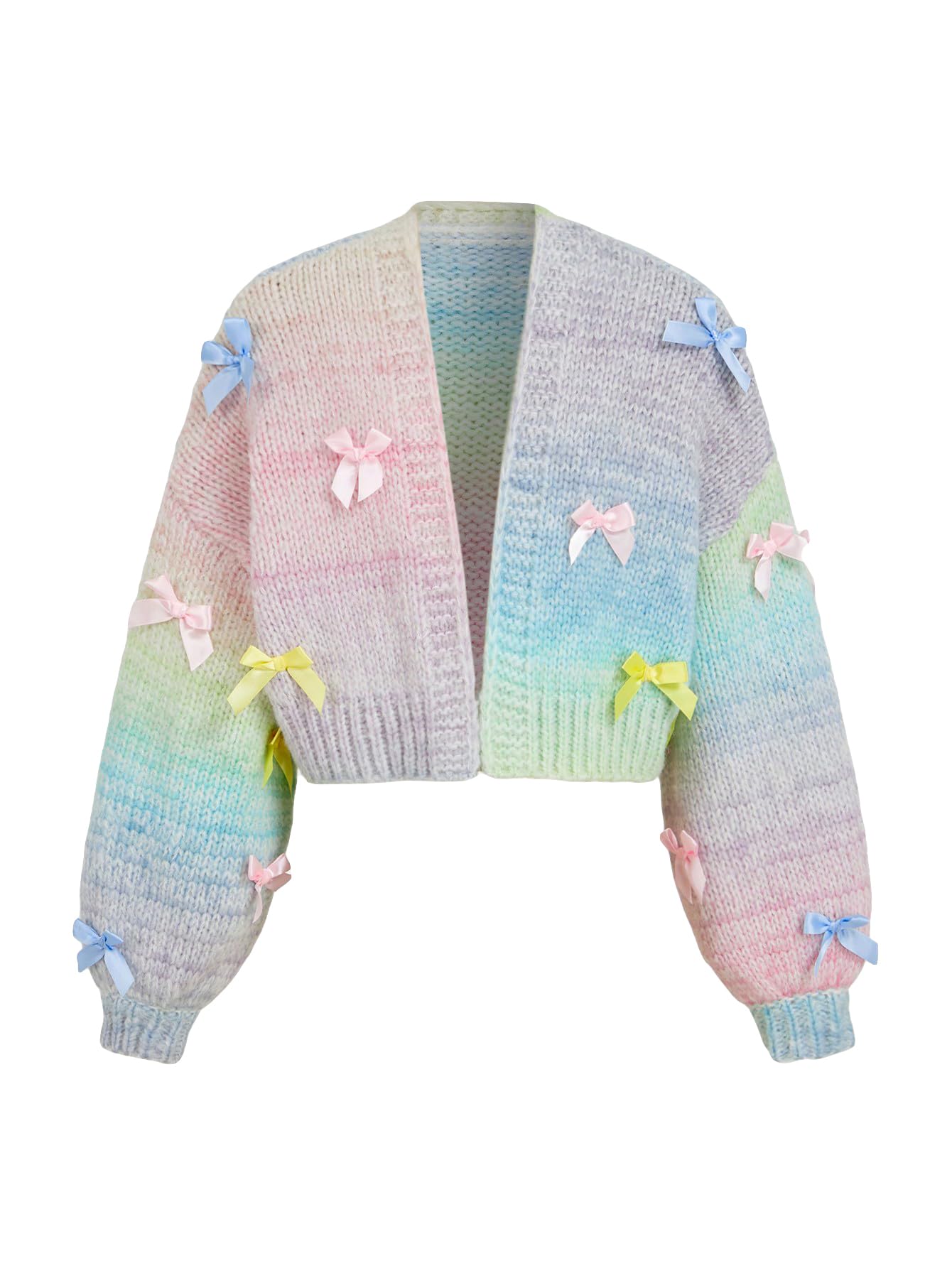 Girl's Ombre Bow Decor Open Front Cardigan - Long Sleeve Crochet Sweater for Spring & Fall - Perfect for School, Parties, and Casual Outings