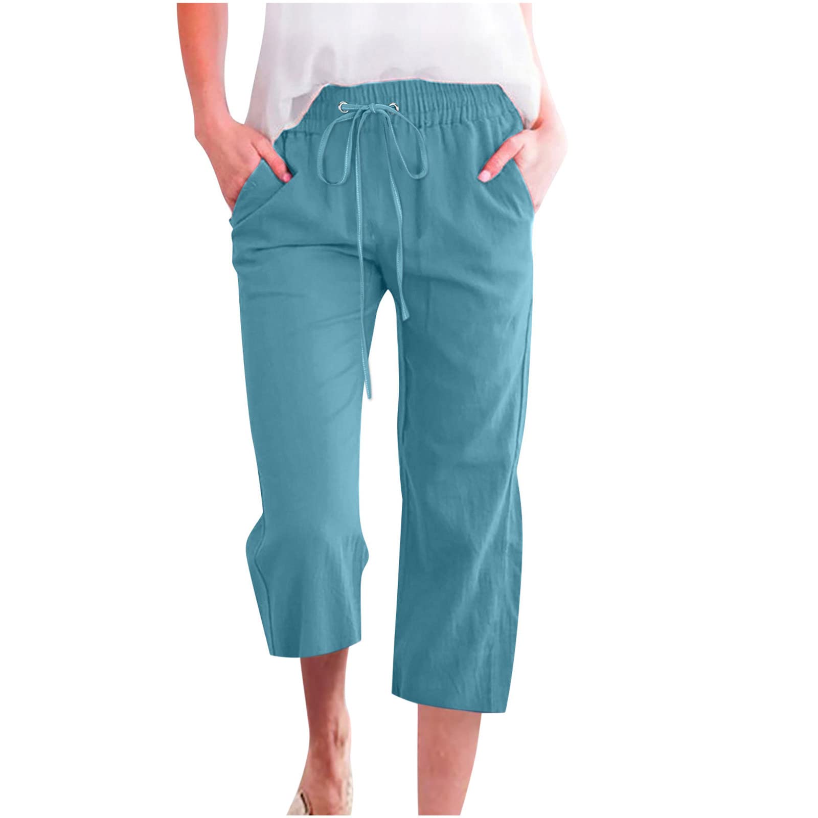 Women's Cotton Linen Capri Pants - Casual Summer Drawstring Elastic Waist Wide Leg Pants with Pockets | Perfect for Beach, Vacation & Everyday Wear