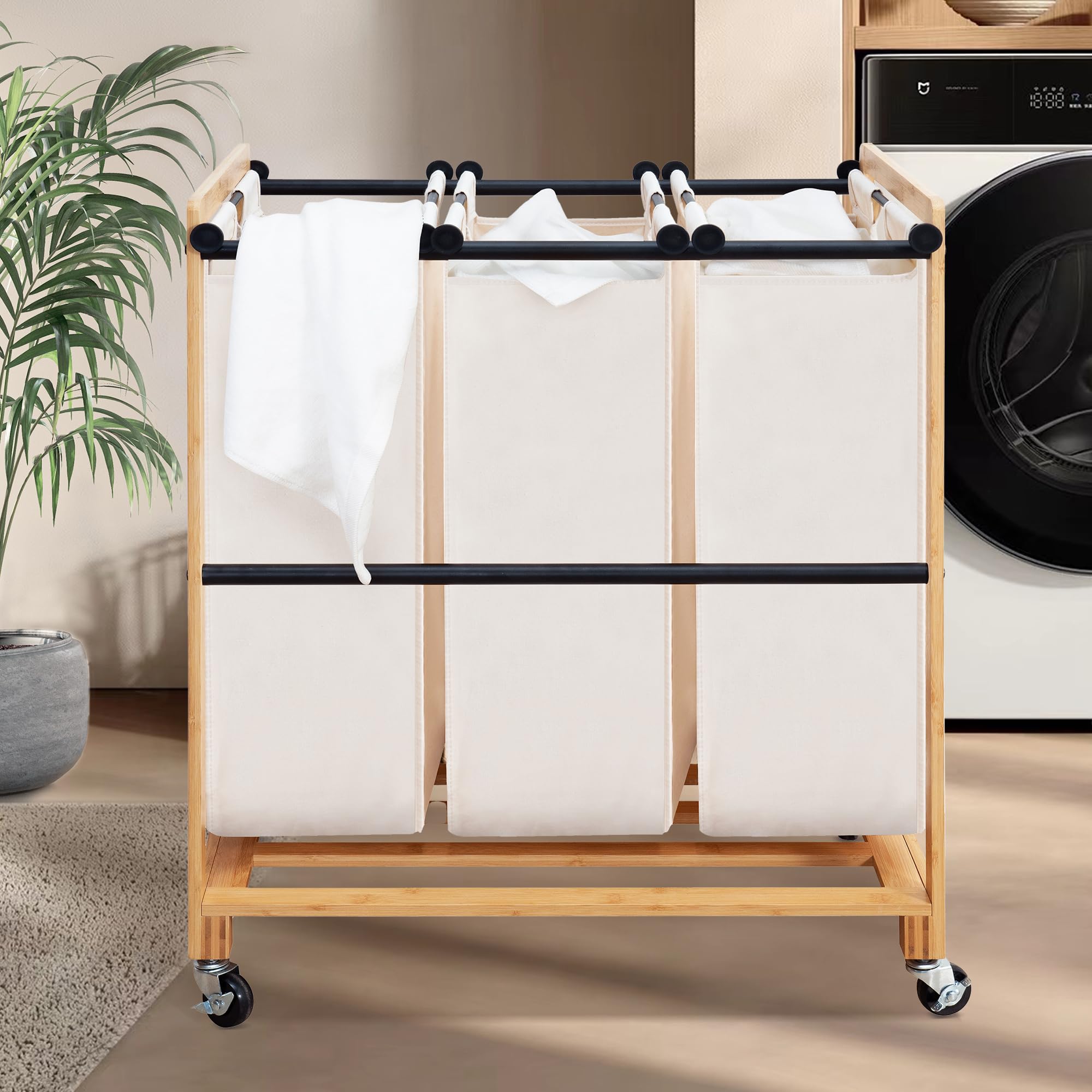 STO 3-Section Laundry Sorter with Bamboo Frame - Rolling Laundry Hamper Cart with Lockable Wheels & Removable Bags for Clothes Storage - Perfect for Laundry Room, Bedroom, Dorm or Apartment - Beige