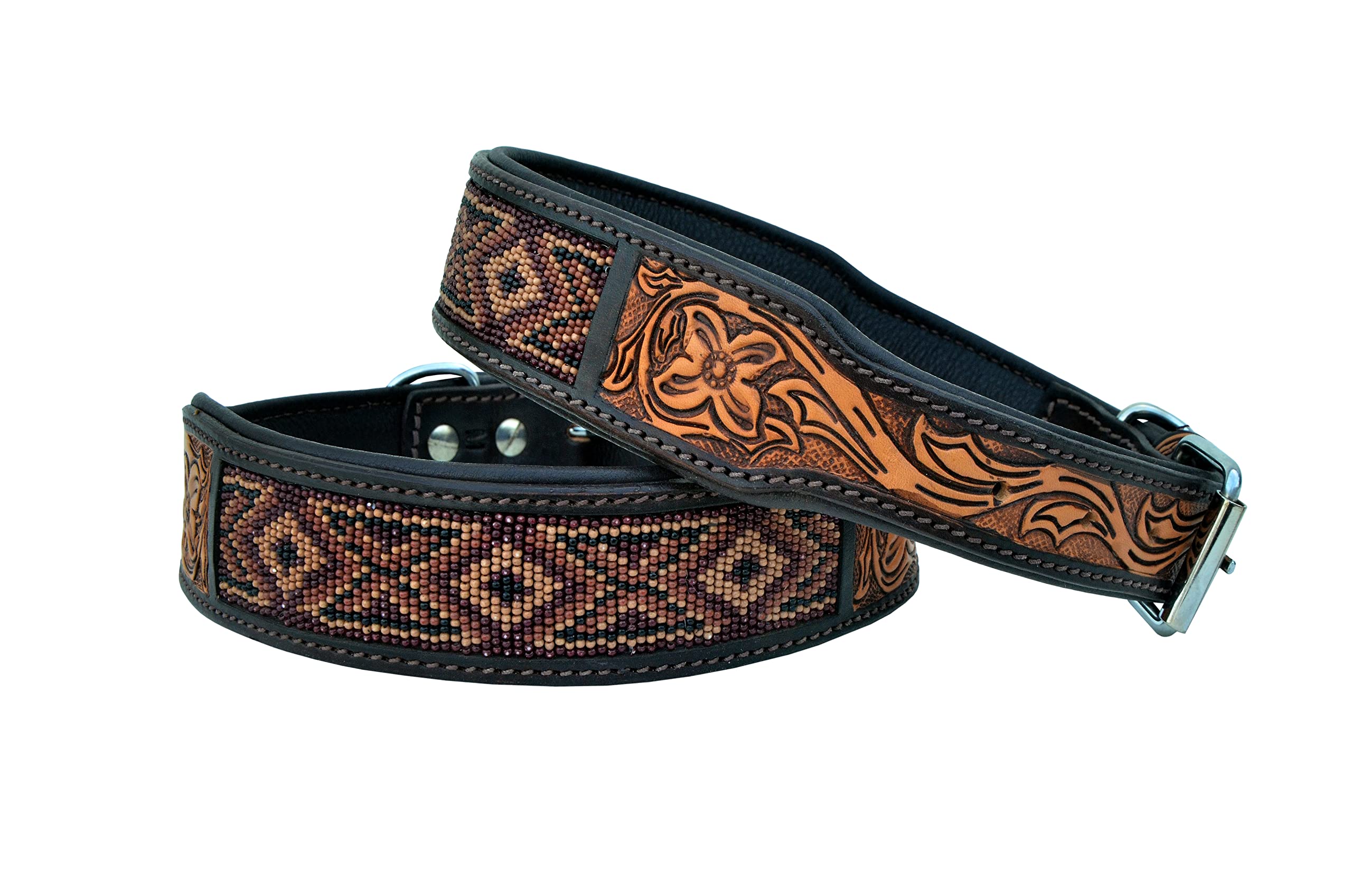Western Style Heavy Duty Leather Dog Collar - Hand Tooled Beaded & Padded Adjustable Collar for Puppies & Large Dogs | Perfect for Training, Outdoor Adventures & Everyday Walks (10AB019)