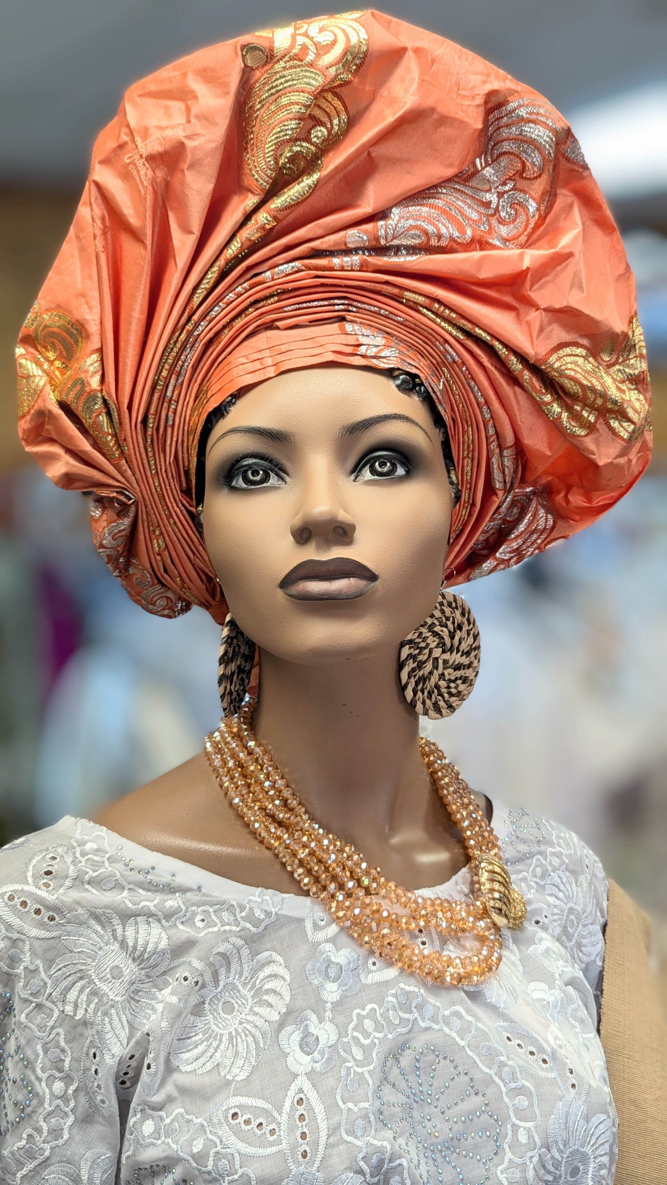 Peach Gold Silver Nneoma Crown Autogele Pre-Tied Ready Gele Head Wrap - Elegant African Headpiece for Weddings, Parties & Special Occasions | DPAGHT10
