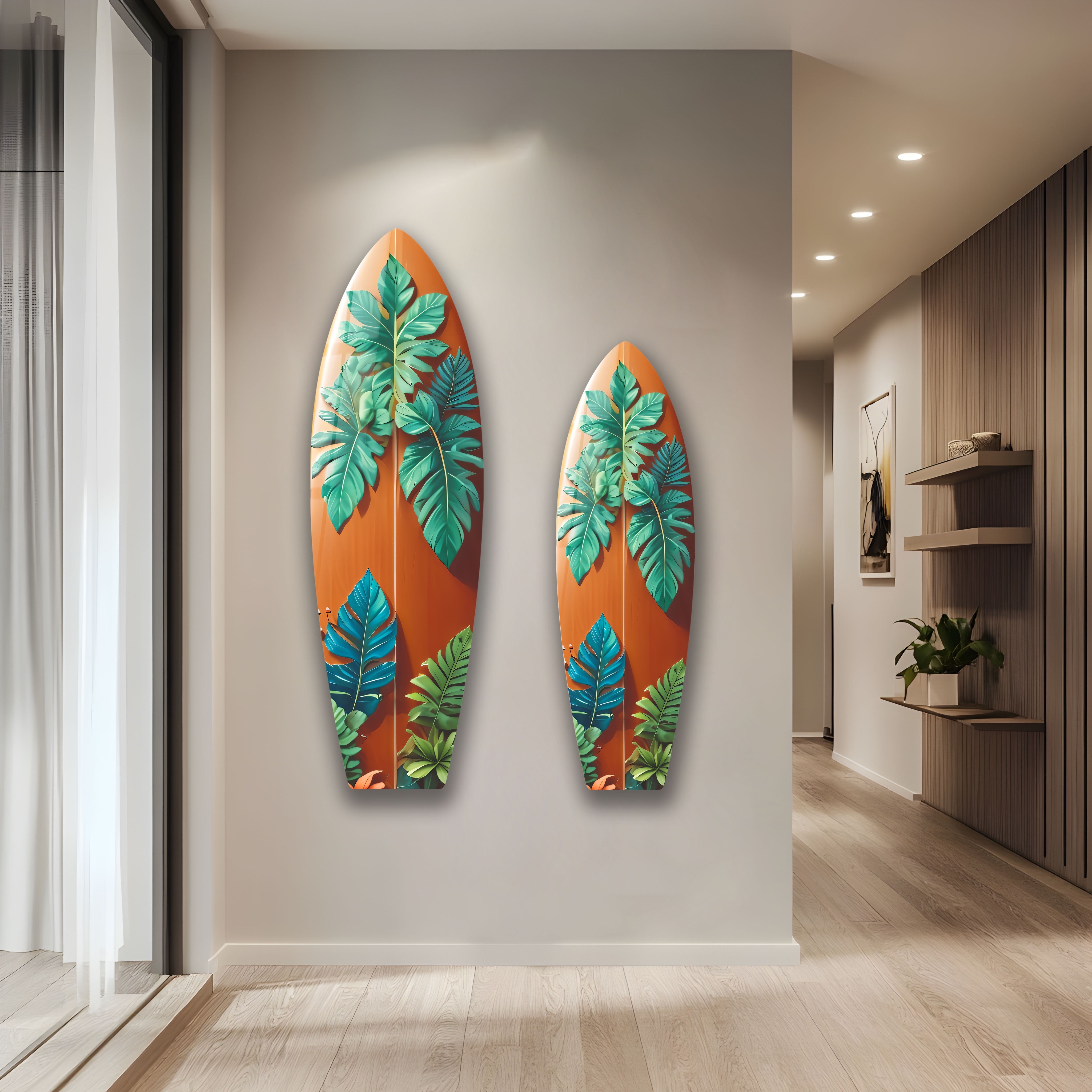 Blue & Green Leaf Surfboard Wall Art - Tropical Beach Decor for Living Room, Bedroom, or Office