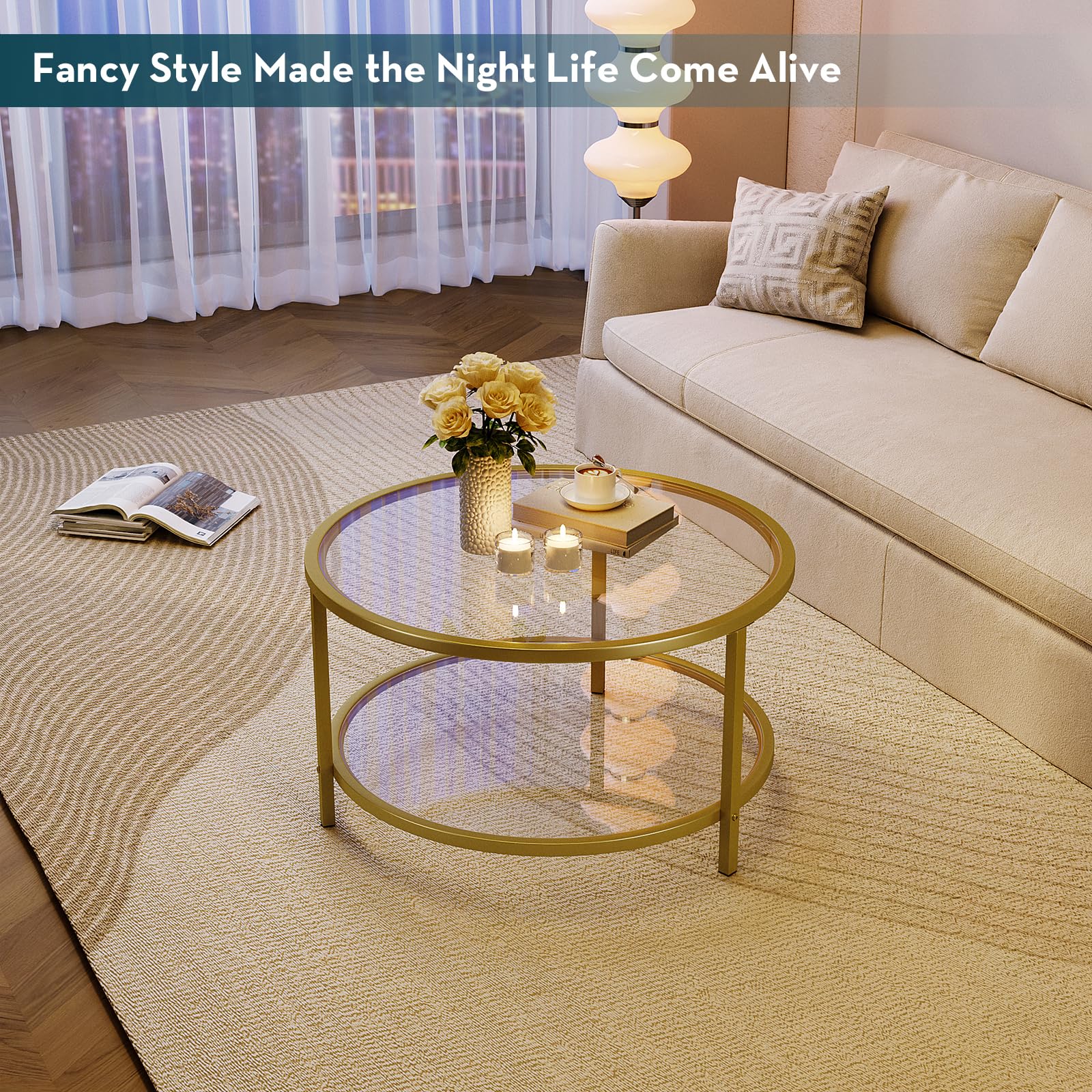 SAYGOER Modern Round Glass Coffee Table with 2-Tier Storage Shelf - Gold Frame Center Table for Living Room, Home Office - Space-Saving Design for Small & Large Spaces - Easy Assembly (Perfect for Entertaining, Relaxing & Stylish Décor)