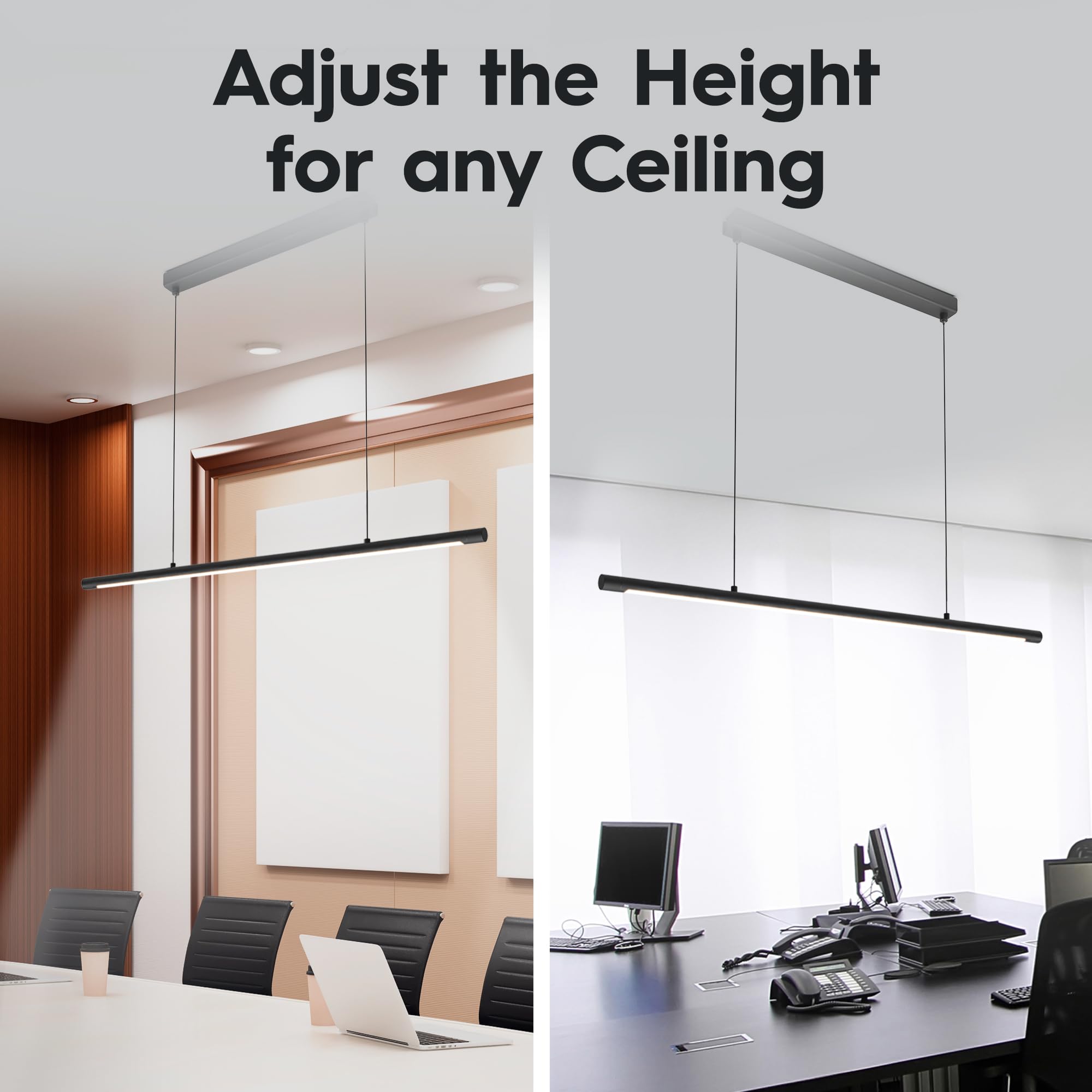 Modern Black LED Linear Pendant Light - 20W 3000K Warm White, Flicker-Free Office Lighting, Non-Dimmable Ceiling Fixture for Bedroom, Dining Room & Kitchen Island (47.2