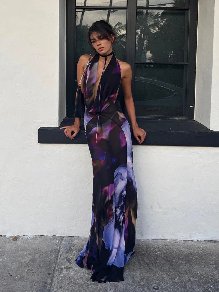 Sexy Purple Print Backless Maxi Dress for Women - Halter Bodycon Summer Beach Dress, Elegant Sleeveless Club Party Outfit 2022 | Perfect for Beach Vacations, Night Parties & Date Nights