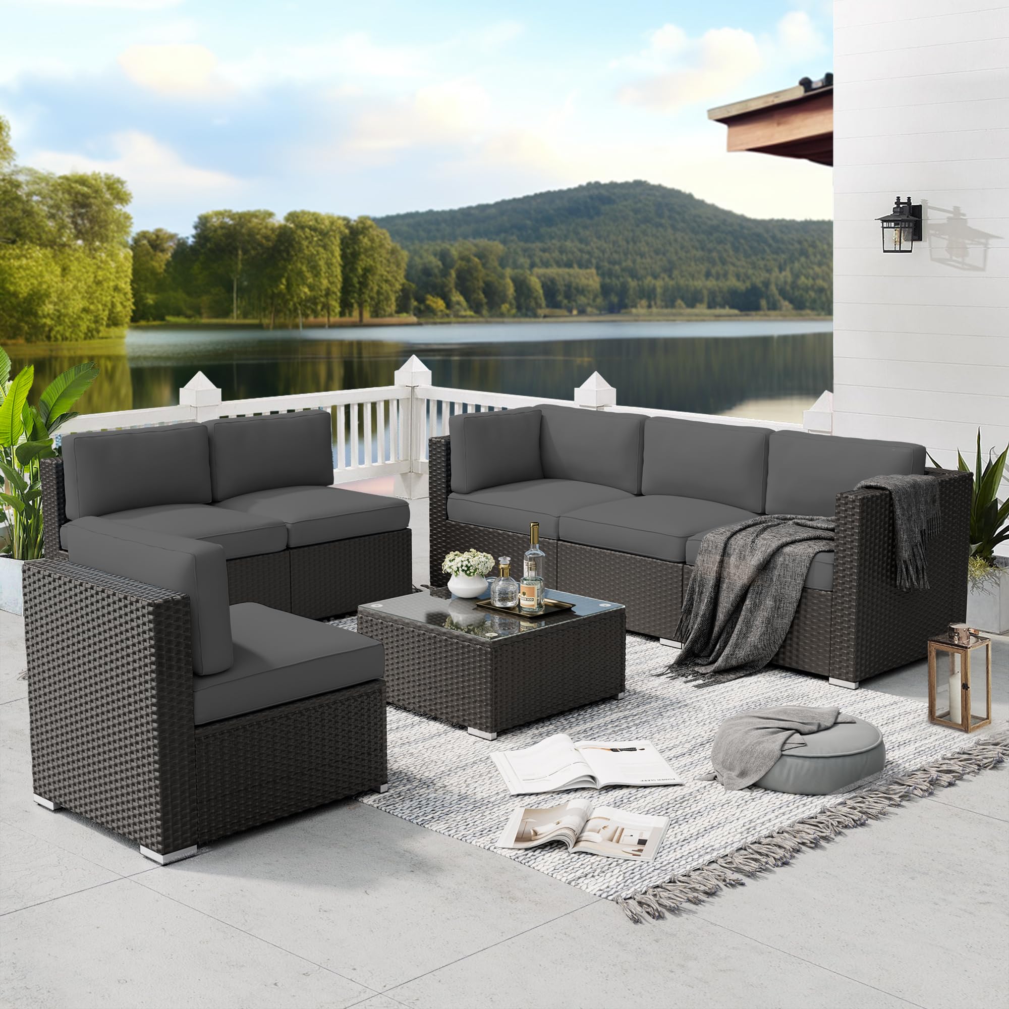 SOLAURA 7-Piece Outdoor Patio Furniture Set - Black Brown Rattan Sectional Sofa with Coffee Table & Gray Cushions - Weather-Resistant Modular Conversation Set for Garden, Poolside, and Backyard Relaxation