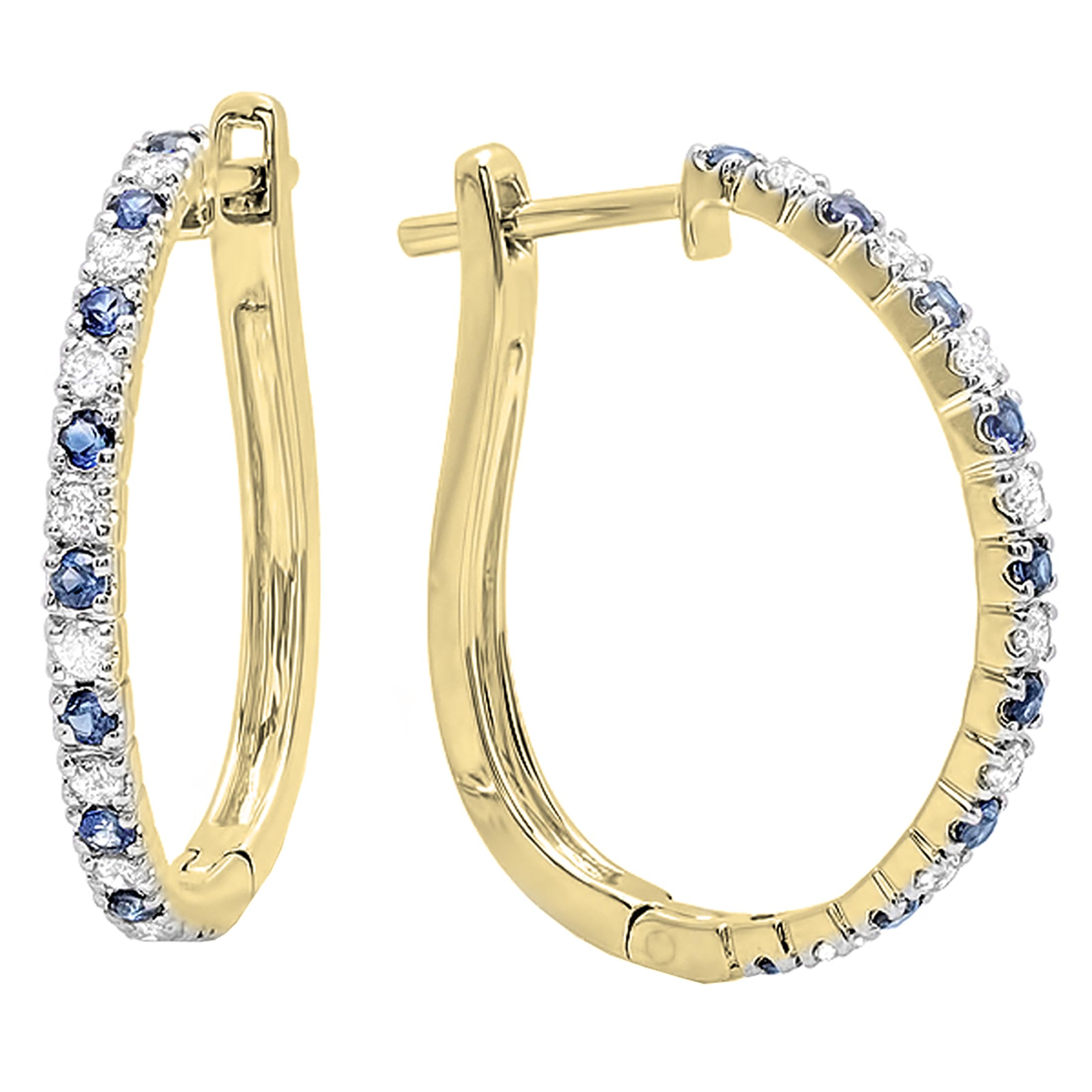 18K Solid Gold Round Blue Sapphire & White Diamond Huggie Hoop Earrings for Women | Dazzlingrock Collection | Perfect for Weddings, Parties & Everyday Elegance