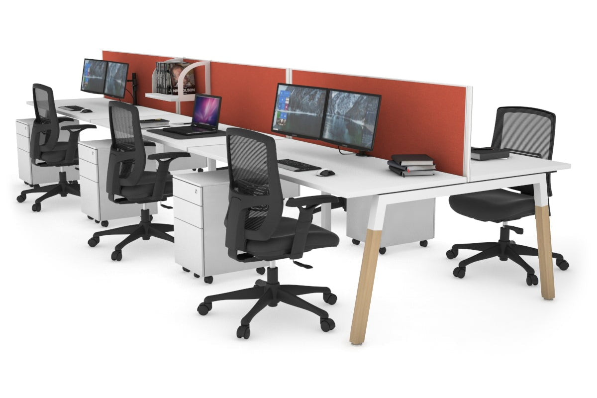 Quadro A Legs 6-Person Office Workstation with Wood Legs & Cross Beam [1400L x 700W] - Perfect for Collaborative Workspaces, Conference Rooms & Open Office Layouts