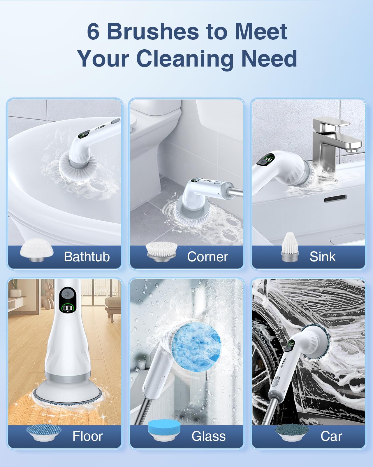 LABIGO Electric Spin Scrubber LA4 Pro - Cordless Cleaning Brush with 6 Replacement Heads, Adjustable Handle & 2-Speed Modes for Bathroom, Shower, Tile, Tub - Perfect for Deep Cleaning Floors, Walls and Hard-to-Reach Areas