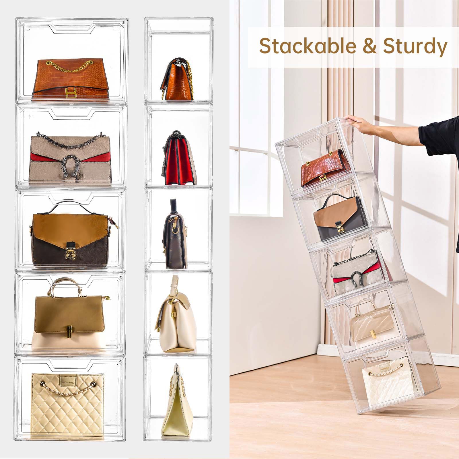 Clear Stackable Acrylic Storage Bins with Lids - 5-Pack Organizer Boxes for Handbags, Collectibles & Action Figures | Perfect for Display Cases, Closet Organization & Home Decor