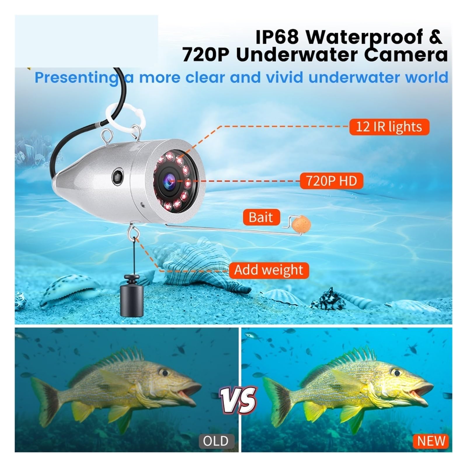 **Upgraded 720P Underwater Fishing Camera with 12 IR Lights & 7