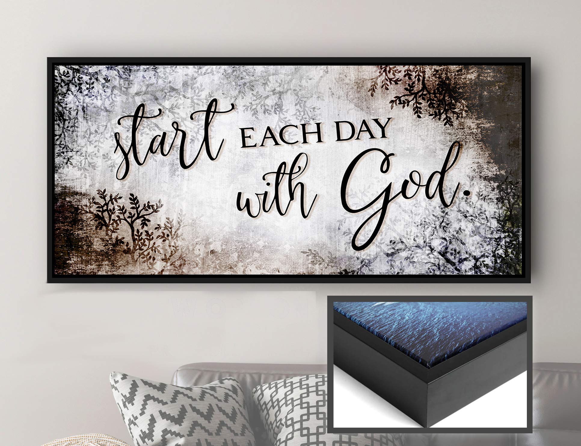 Start Each Day With God | Inspirational & Religious Wall Decor | Positive Quotes & Spiritual Room Decor | Brown & Black Floating Frame 42x19 | Perfect for Bedroom, Living Room & Prayer Space
