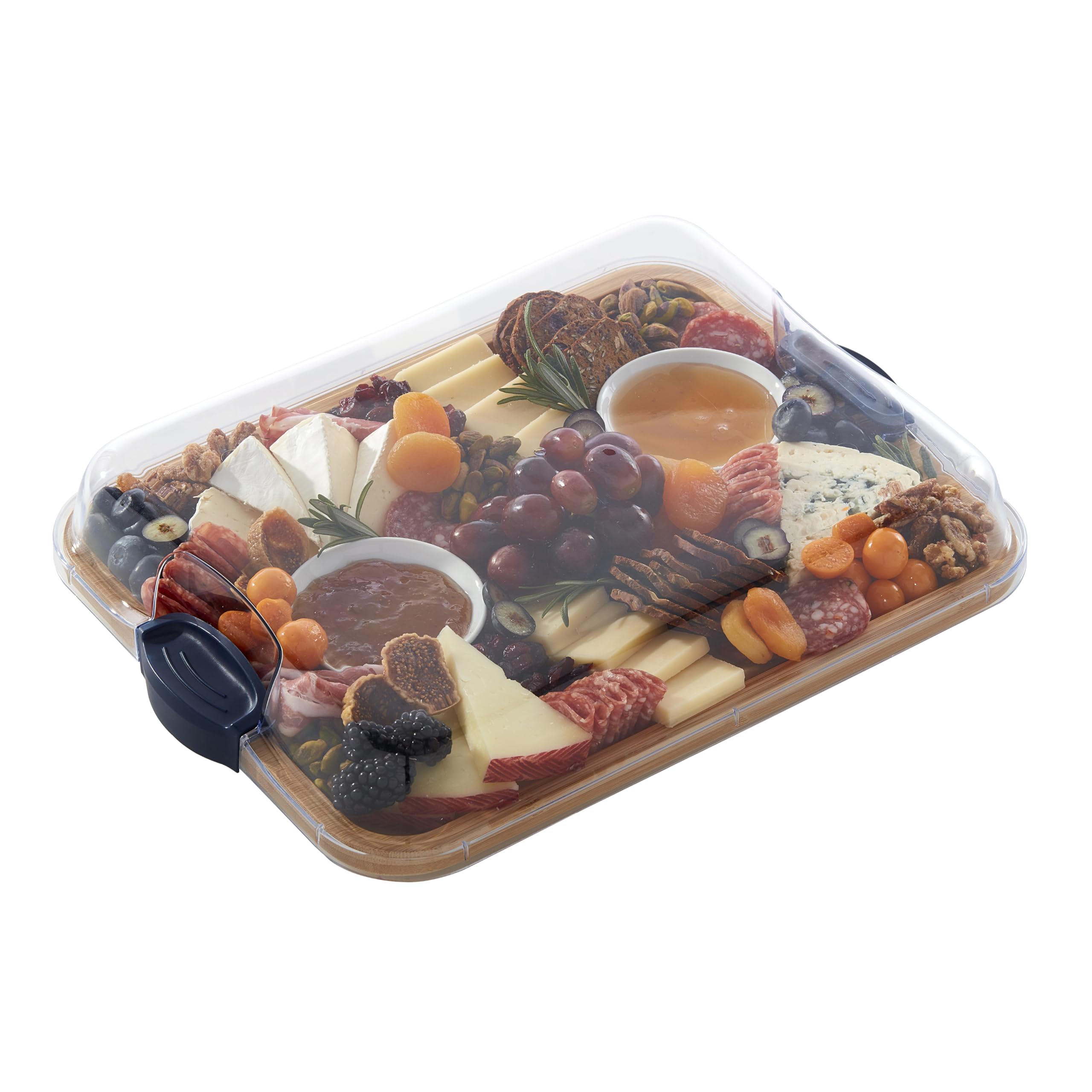 Farberware Bamboo Cutting Board with Built-in Compartments & Locking Lid - Navy Handles - Perfect for Charcuterie, Cheese, Snacks - Ideal for Entertaining, Kitchen Prep & Serving