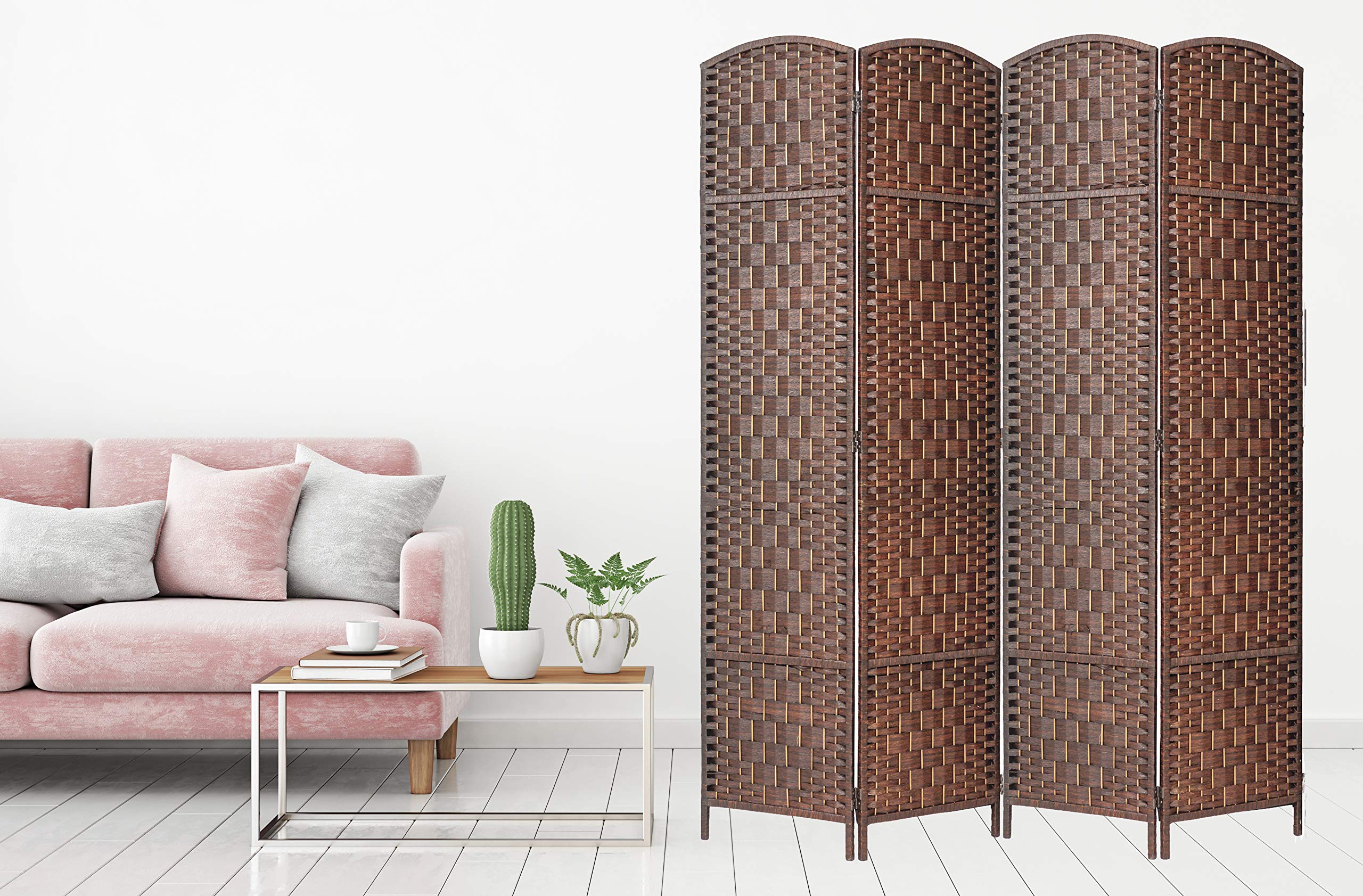 4-Panel Bamboo Room Divider Screen - 5.9ft Tall Privacy Partition with Diamond Weave Design | Natural Brown Fiber Panel for Home Office, Bedroom & Living Room Separation | Space Divider for Indoor Decoration & Room Organization