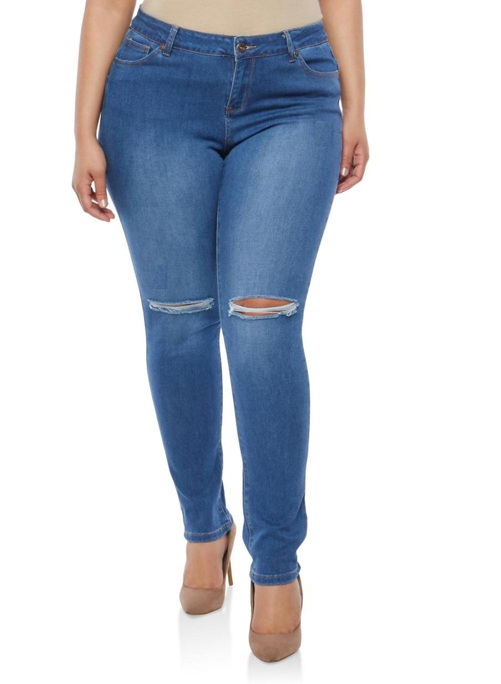 Women's Plus Size Distressed Skinny Jeans with Knee Rips - Stretch Denim Pants for Casual Wear & Everyday Outfits