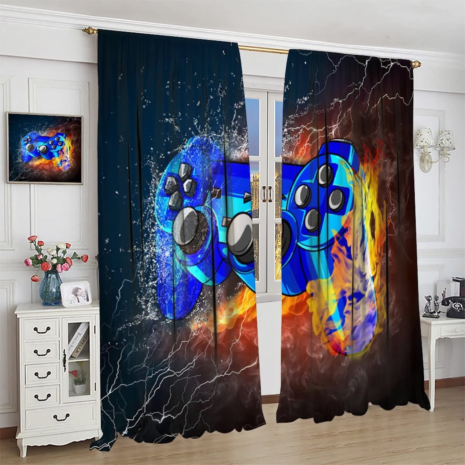 Video Game Controller Gamer Curtain - Fire & Water Design Blackout Window Drapes for Boys Girls Teens Bedroom (42x54 Inches) - Perfect for Gaming Rooms, Kids' Bedrooms & Man Caves