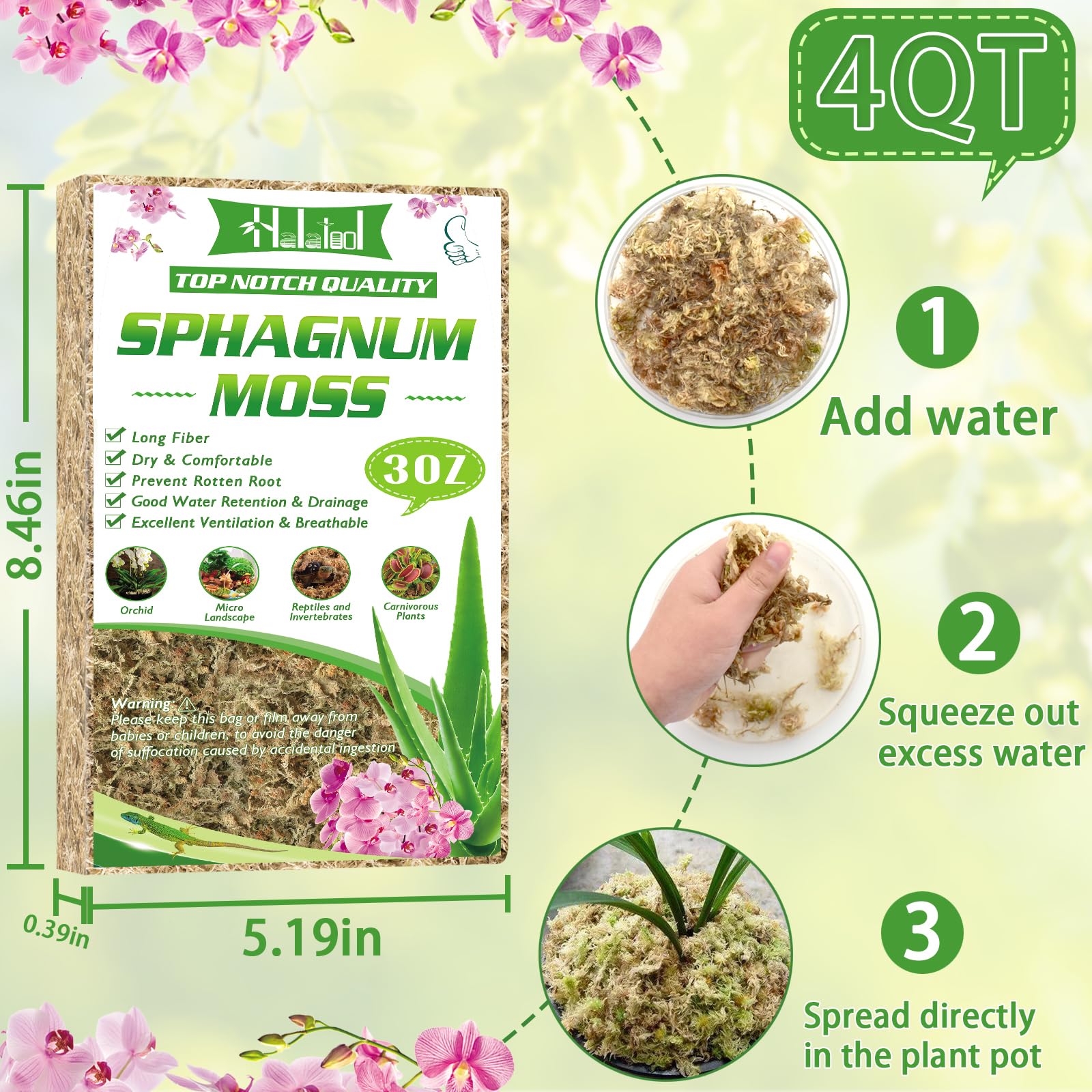 Premium Long Fiber Sphagnum Moss 3OZ (4QT) - Natural Dried Orchid Moss for Repotting Carnivorous Plants, Succulents, Terrariums & Reptile Habitats - Ideal for Indoor Gardening, Orchid Care & Reptile Bedding