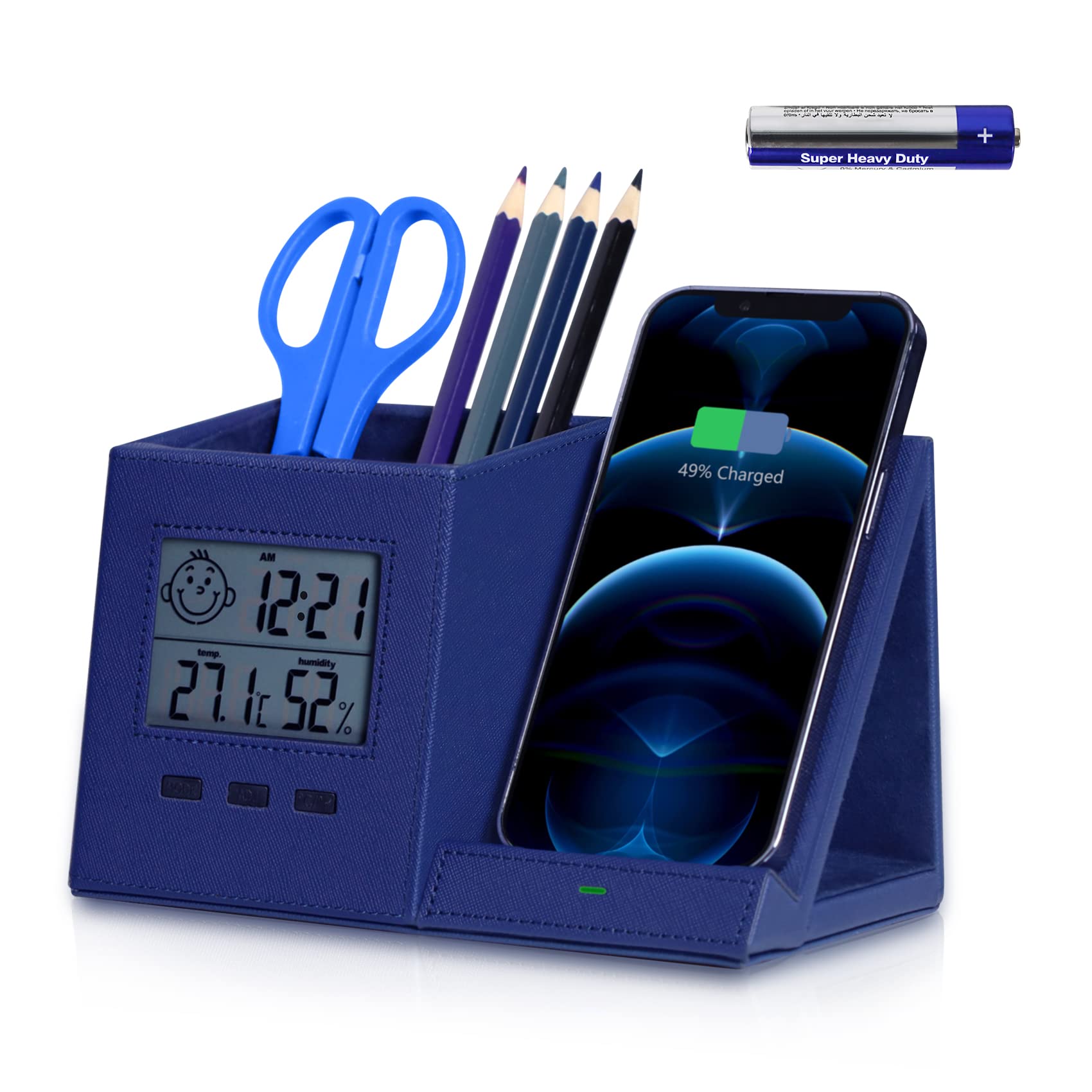 Premium Leather Pen Holder for Desk with Wireless Charger & Digital Thermometer - Stylish Office Organizer for Pens, Pencils & Stationery - Perfect for Home Office, Study Desk & Workspace Organization