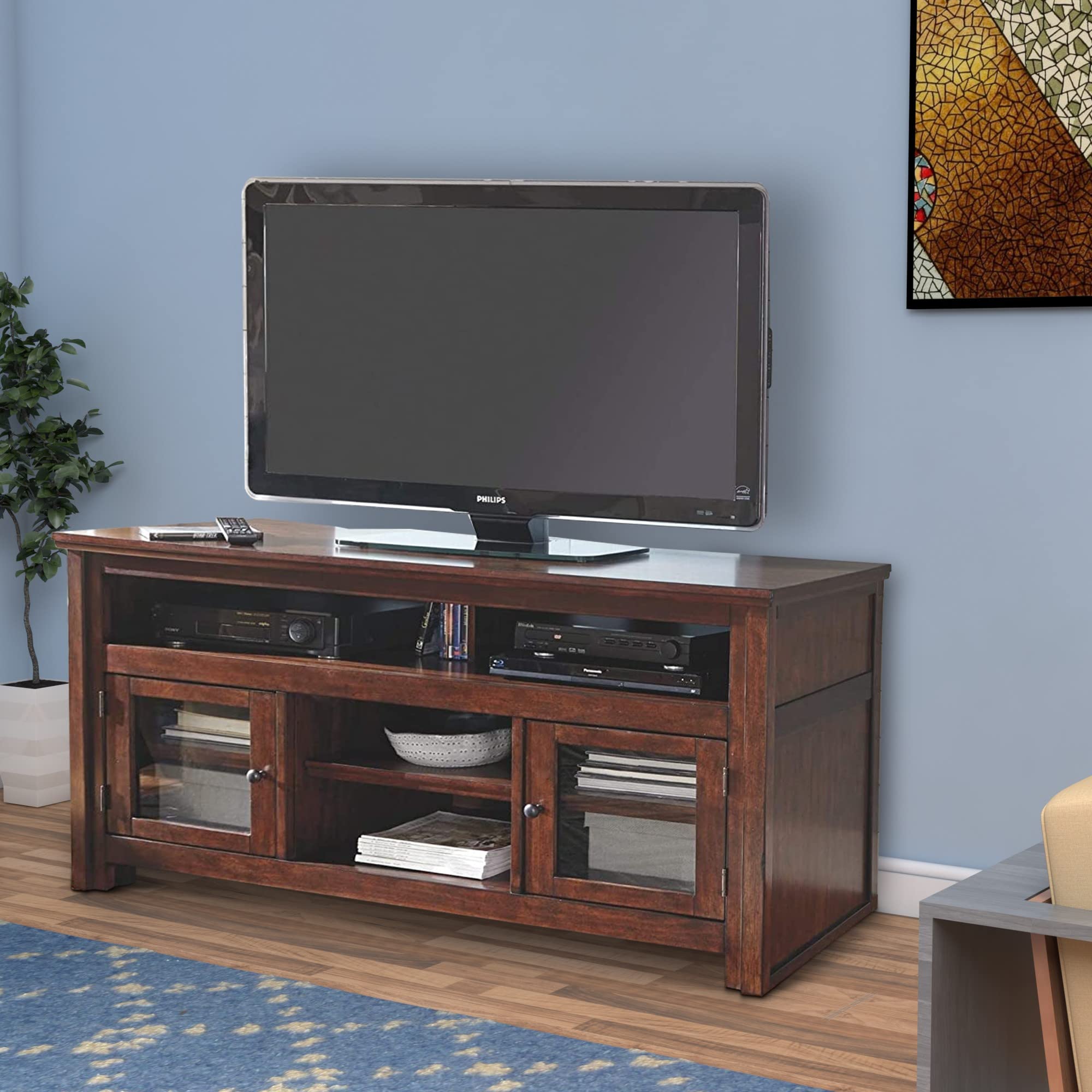 Benjara Large Brown Wooden TV Stand with Two Glass Door Cabinets & Open Shelves - Perfect for Living Room Entertainment Center, Home Theater Setup & Media Storage