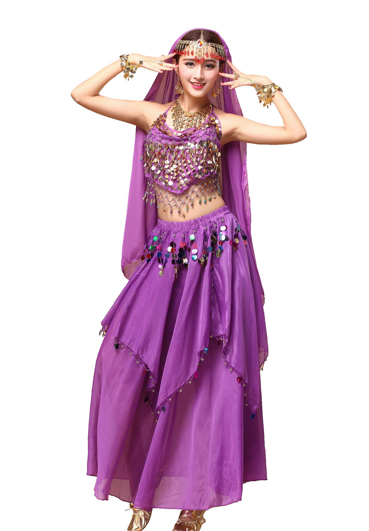Women's Belly Dance Costume - Sequin Crop Top & Chiffon Skirt Set for Halloween, Party, and Performance | Elegant & Comfortable Outfit for Dance Shows, Cosplay, and Festive Events
