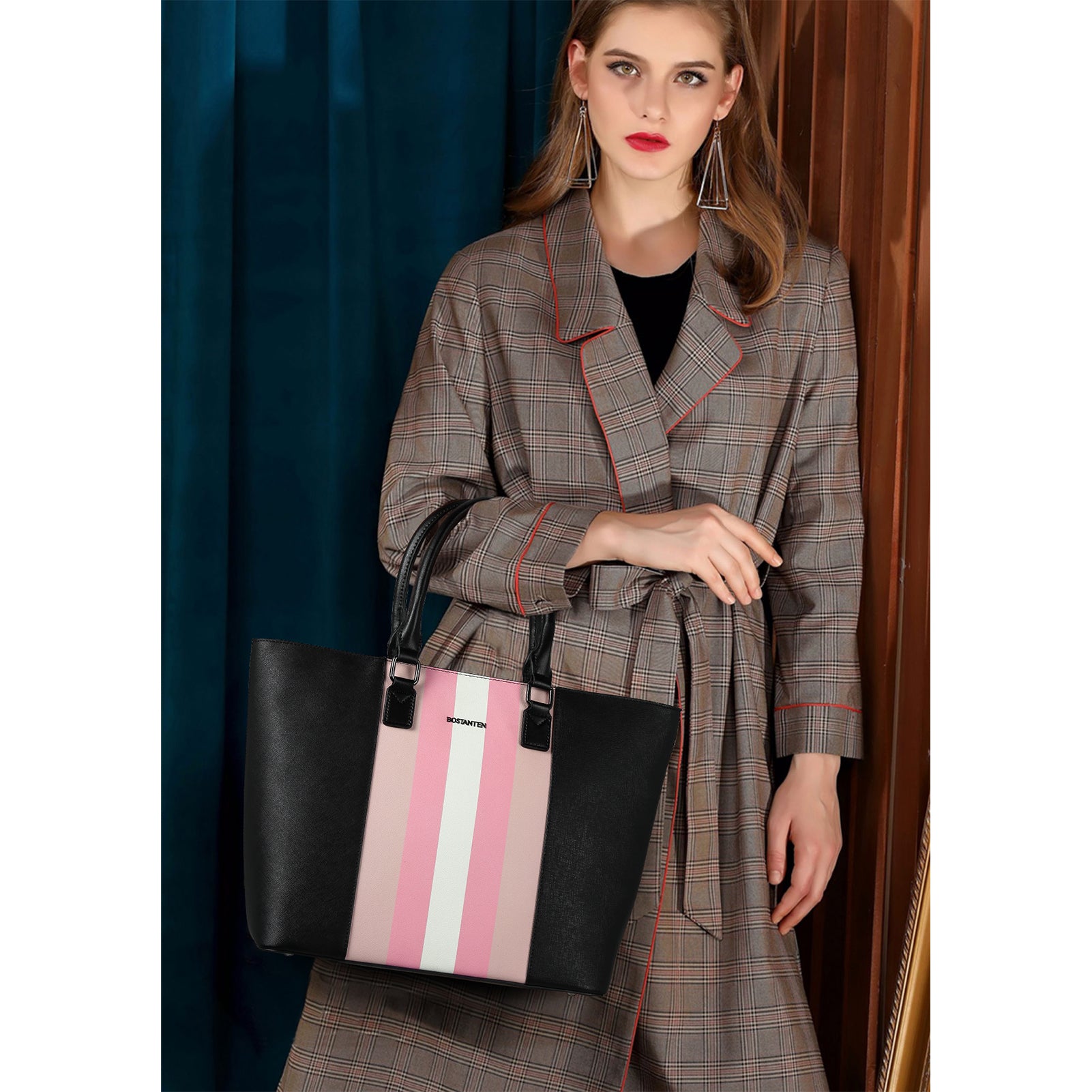 BOSTANTEN Genuine Leather Women's Tote Bag - Stylish Shoulder Purse Handbag with Stripe Pattern for Work, Travel & Daily Use