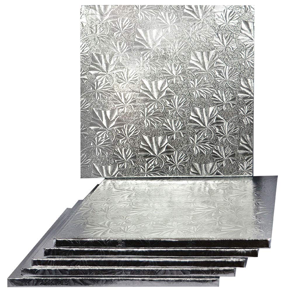 14 Inch Silver Square Sturdy Cake Display Boards - 1/2 Inch Thick (6 Pack) - Perfect for Wedding Cakes, Birthday Cakes & Dessert Displays