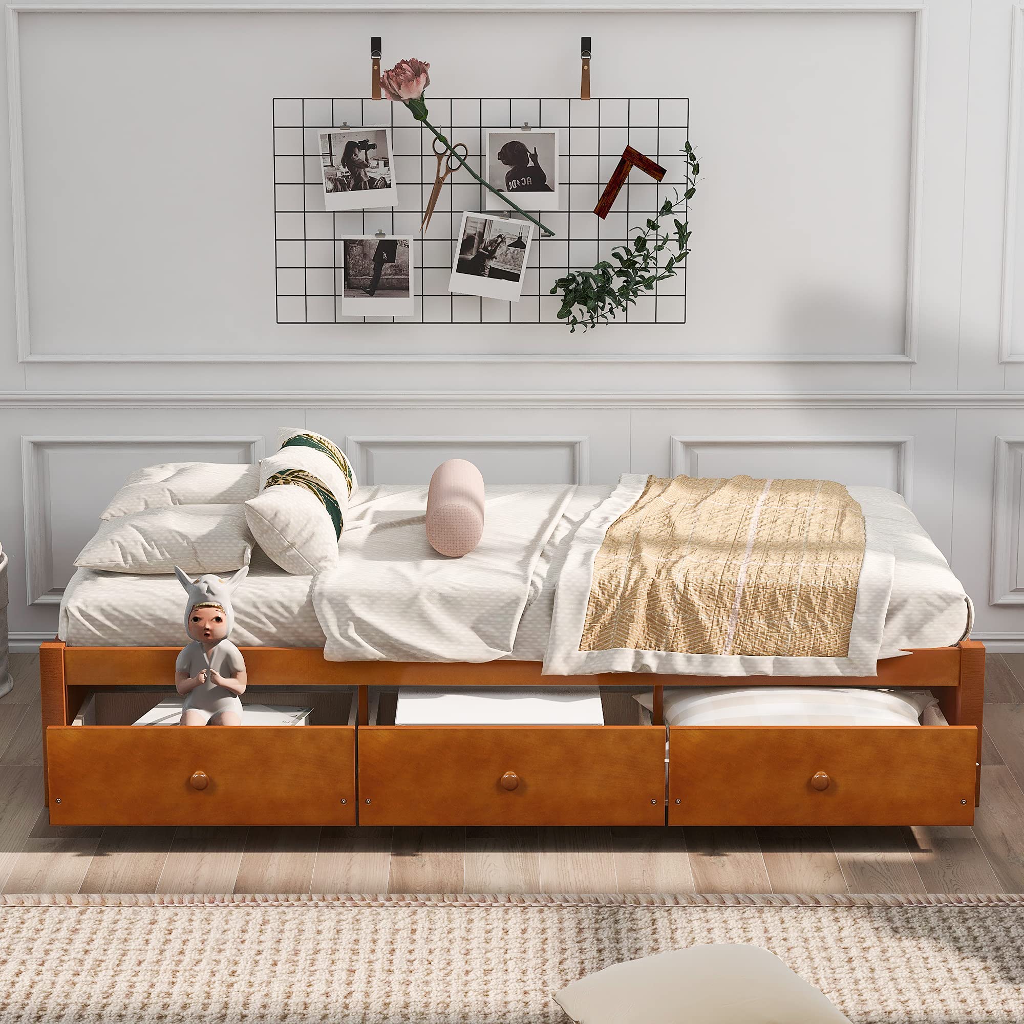 MERITLINE Twin Storage Bed with 3 Drawers - Solid Wood Platform Bed Frame with Built-in Storage, Wood Slat Support (No Box Spring Needed) - Space-Saving Oak Bed for Small Bedrooms, Kids Rooms & Guest Rooms