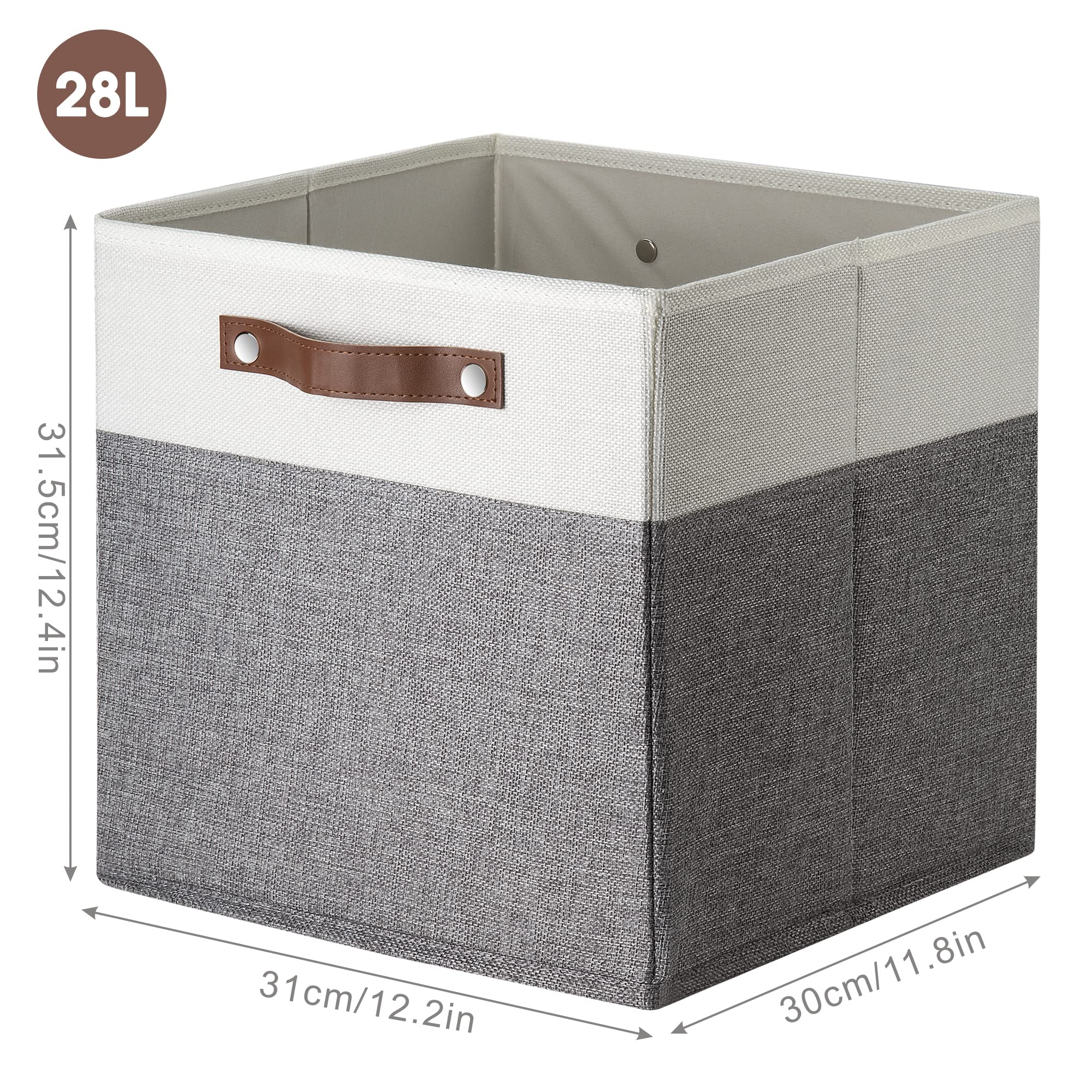 Foldable Cotton Flax Storage Box Set of 2 with Leather Handle - Collapsible Storage Bins for Nursery, Kids Room, Toys & Home Organization (30.5x30.5x30.5 cm) - Perfect for Closet, Shelf & Underbed Storage