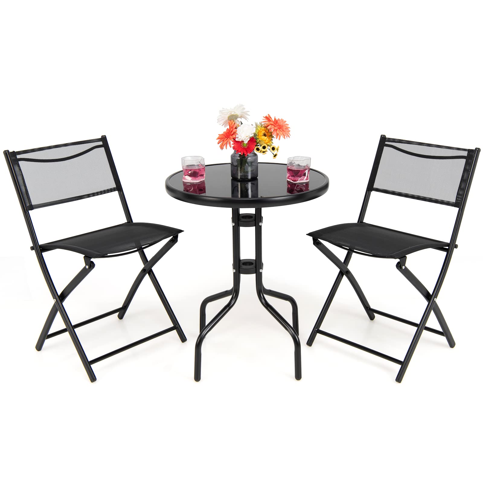 Tangkula 3-Piece Folding Patio Bistro Set - Outdoor Table & Chairs with Tempered Glass Top, Round Dining Set for Garden, Poolside, Backyard & Balcony | Perfect for Small Spaces, BBQs & Outdoor Entertaining