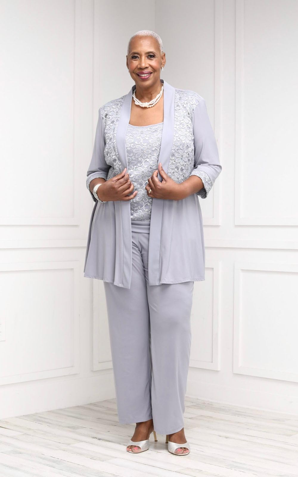 R&M Richards Women's Plus Size Pant Suits - Mother of The Bride Formal Pantsuit in Pewter | Size 16 Plus | Wedding Guest Outfit, Special Occasion Attire, Church Events