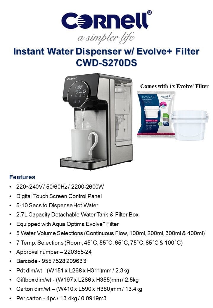 Cornell 2.7L Instant Hot & Cold Water Dispenser with Evolve+ Filtration System - Countertop Home & Office Use (Model CWDS270DS)