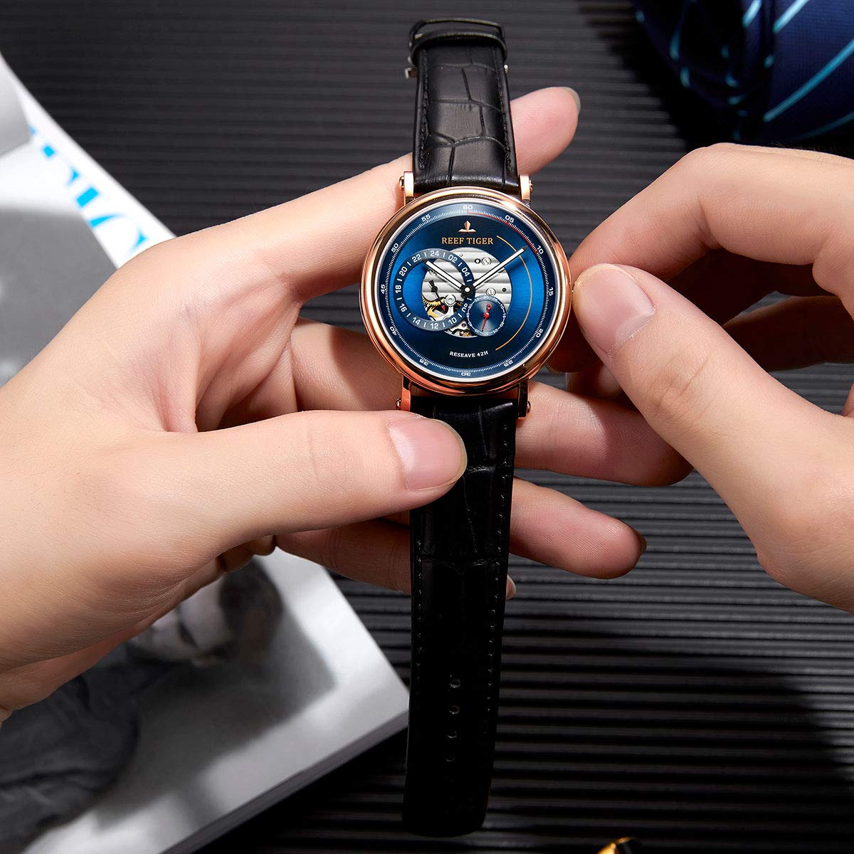 REEF TIGER Luxury Automatic Men's Watch - Blue Dial, Genuine Leather Strap, Water Resistant, RGA1617 Model - Perfect for Business, Formal Events & Gift Giving