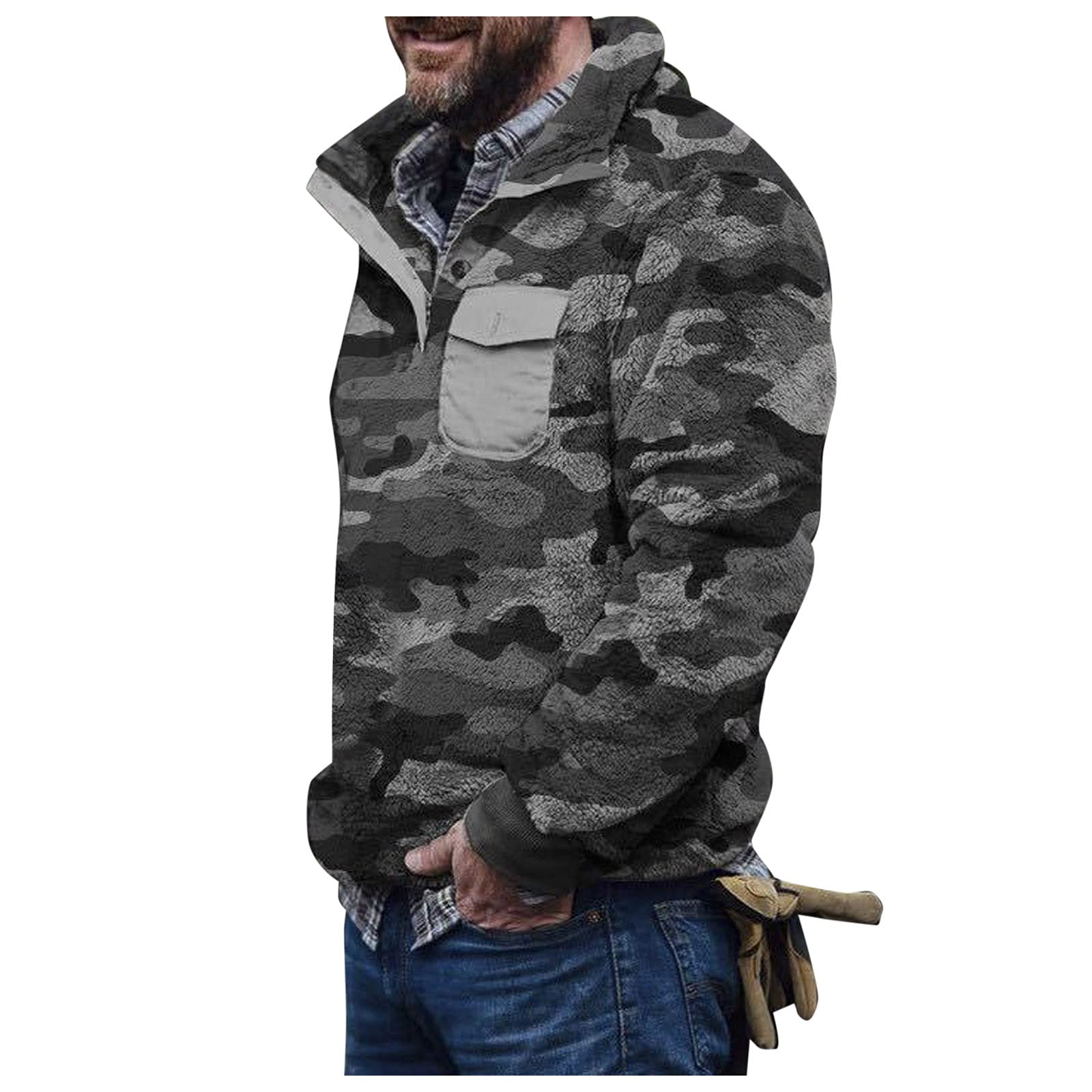 Men's Vintage Camouflage Pocket Turtleneck Sweater - Button-Up Pullover Plush Graphic Tee for Casual Wear & Outdoor Activities