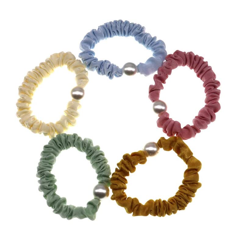 BELICIA Pearl Hair Ties 5 Pack - Elegant Beaded Scrunchies, Hair Rings & Ponytail Holders for Women & Girls | Korean Hair Accessories Gift Set for Party, Wedding & Daily Use