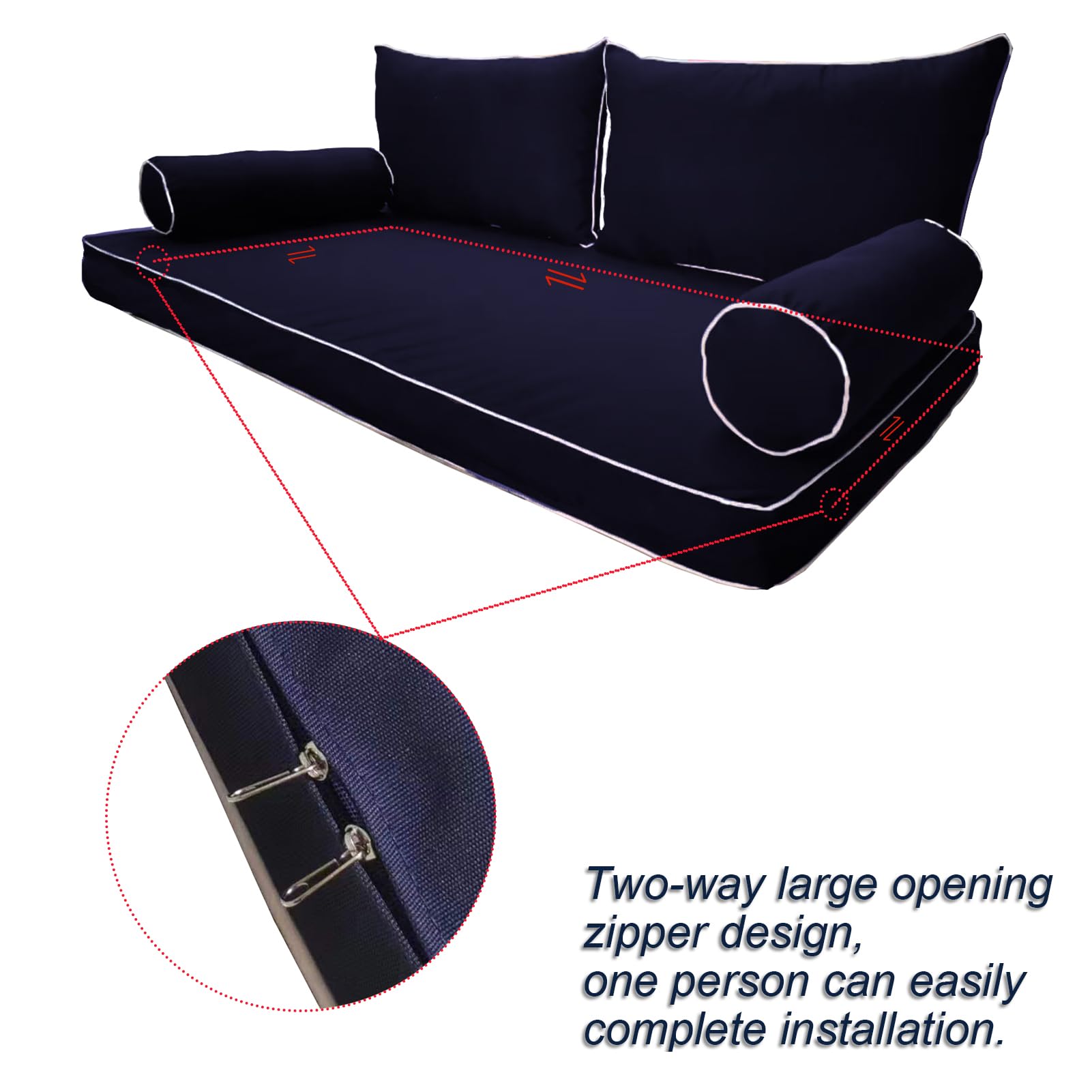 Water-Resistant Outdoor Daybed Cushion Cover Set - Twin Triple Size with Piped Edges, Swing Mattress Bolster Pillow & Fitted Sheet - Navy Blue | Perfect for Patio, Poolside & Garden Furniture