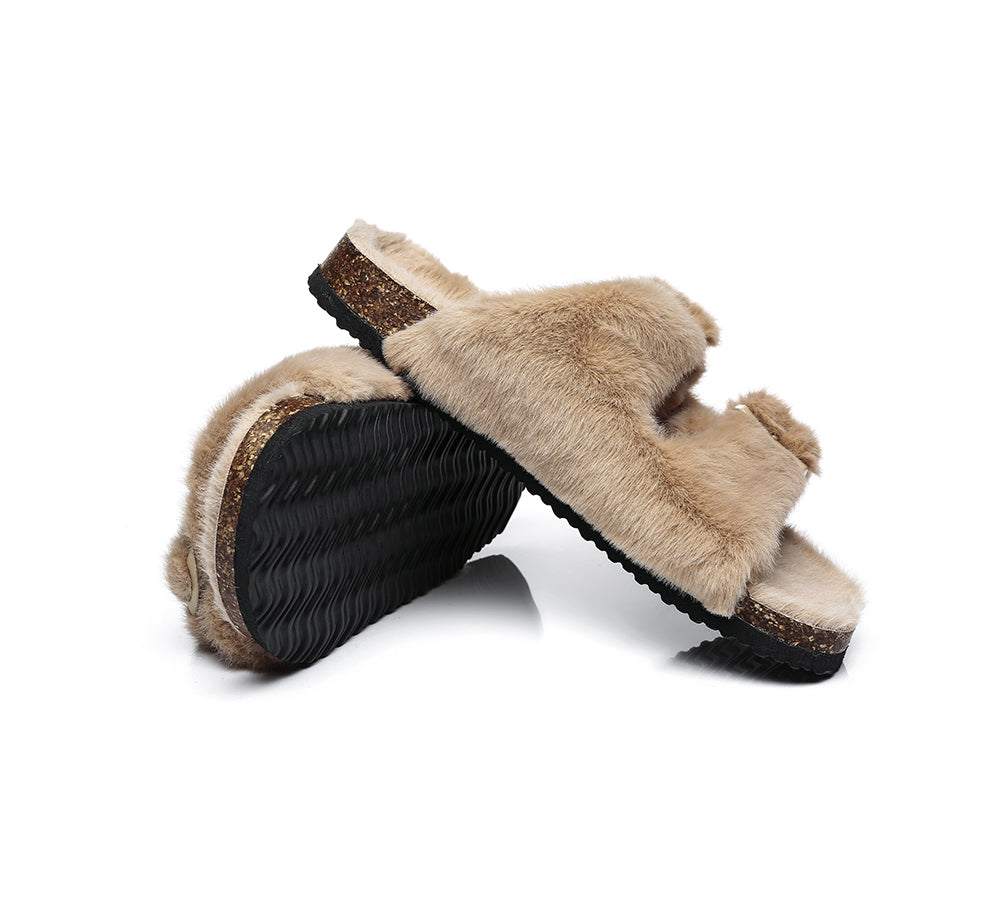 Australian Shepherd® UGG Women's Adjustable Buckle Fluffy Slide Sandals - Cozy House Slippers for Indoor/Outdoor Wear, Perfect for Lounging at Home or Quick Errands