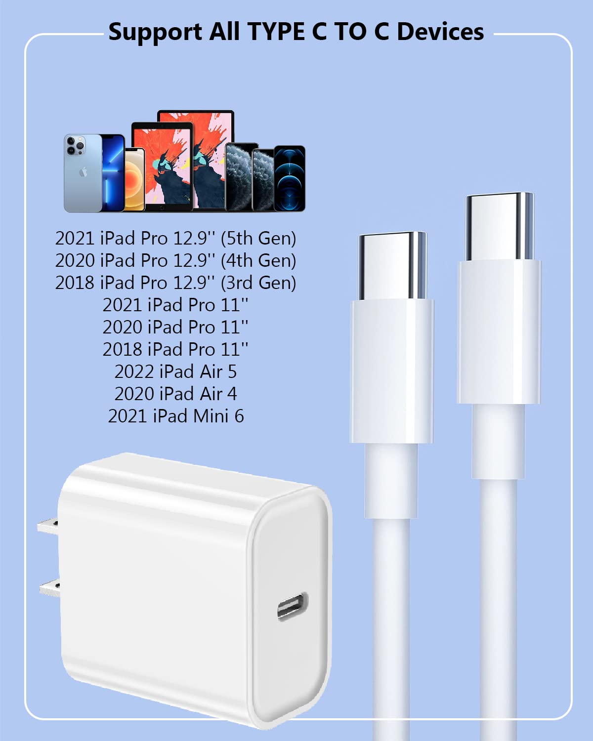 10FT Fast Charging USB C Cable [2-Pack] - 20W USB C to USB C Charger Cord for iPad Pro 12.9/11 inch, iPad Air 5/4, iPad Mini 6, iPad 10 (2020-2022 Models) - Perfect for Home, Office & Travel Charging