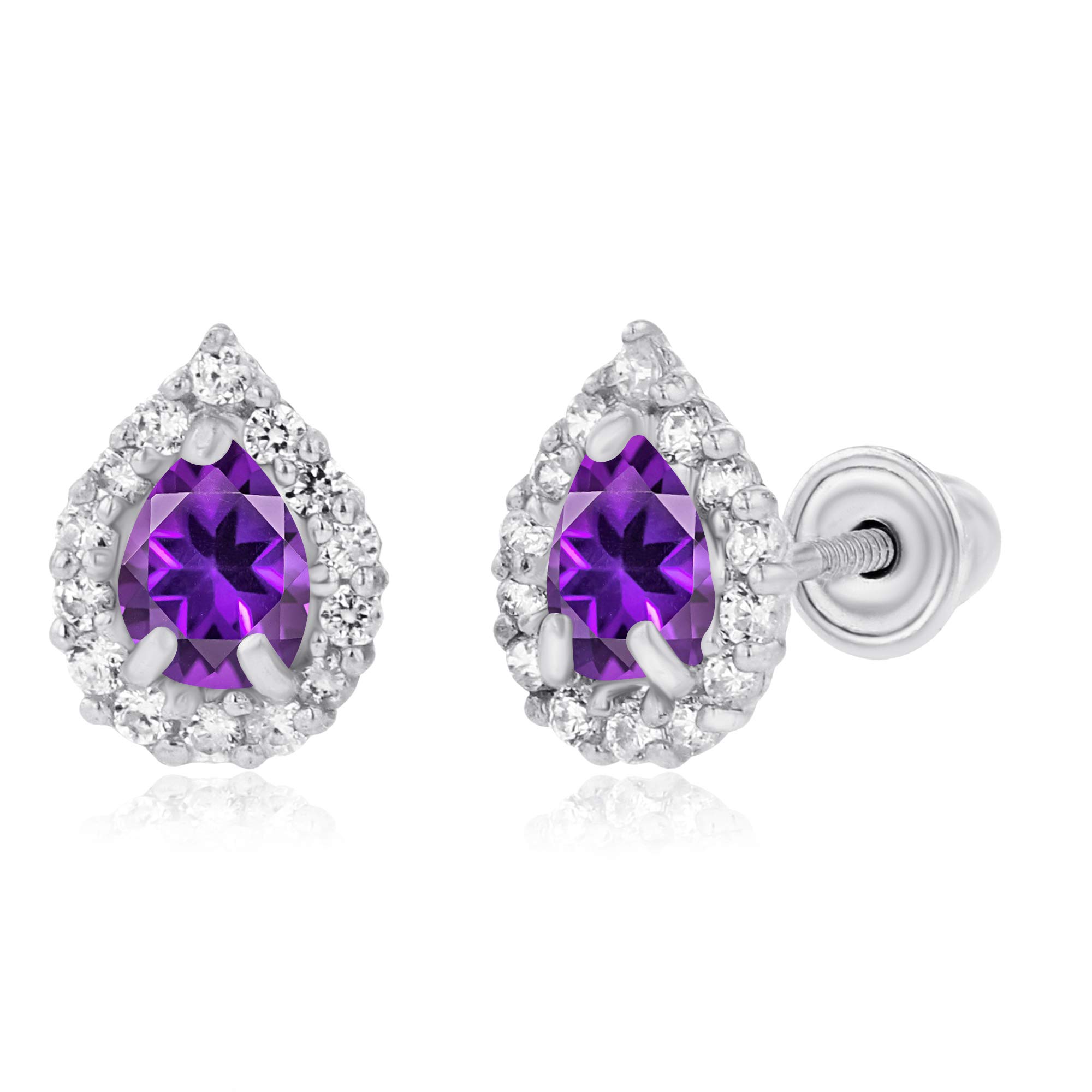 14K Solid Gold Pear Shaped Natural Birthstone Stud Earrings for Women | 7x5mm & 4x3mm Pear Cut Screw Back Earrings | 1mm White Sapphire Halo Earrings | Perfect for Birthdays, Anniversaries & Everyday Elegance