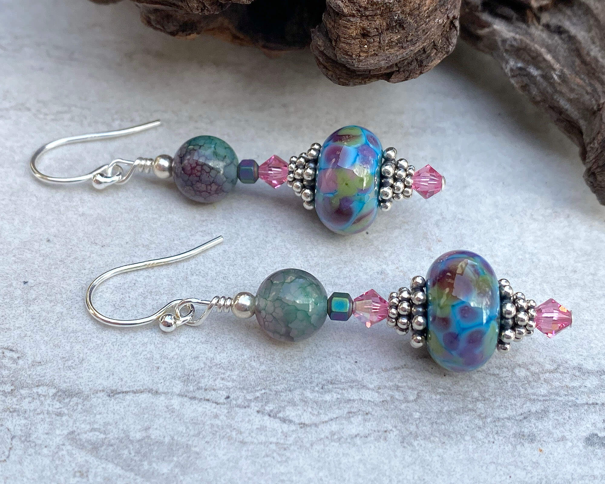 Aqua Green Mosaic Lampwork Glass Earrings - Handmade Bohemian Dangle Earrings for Women, Perfect for Parties, Weddings & Boho Fashion