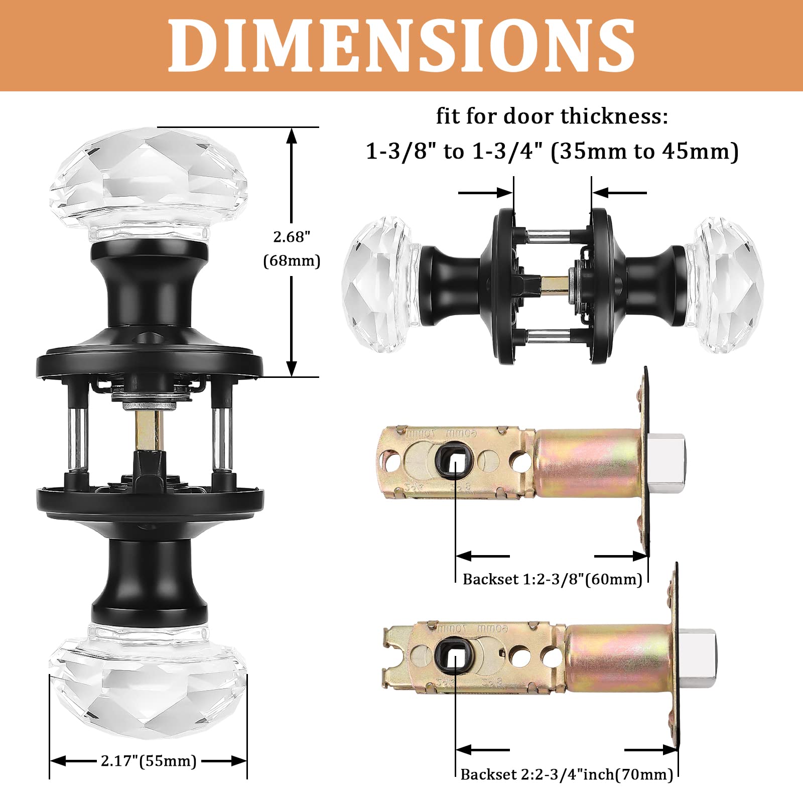 6 Pack Glass Door Knobs with Flat Black Rosette - Keyless Privacy Interior Door Handles for Bedroom & Bathroom - Diamond Crystal Glass Knobs with Zinc Alloy Base - Perfect for Home, Office, and Commercial Spaces