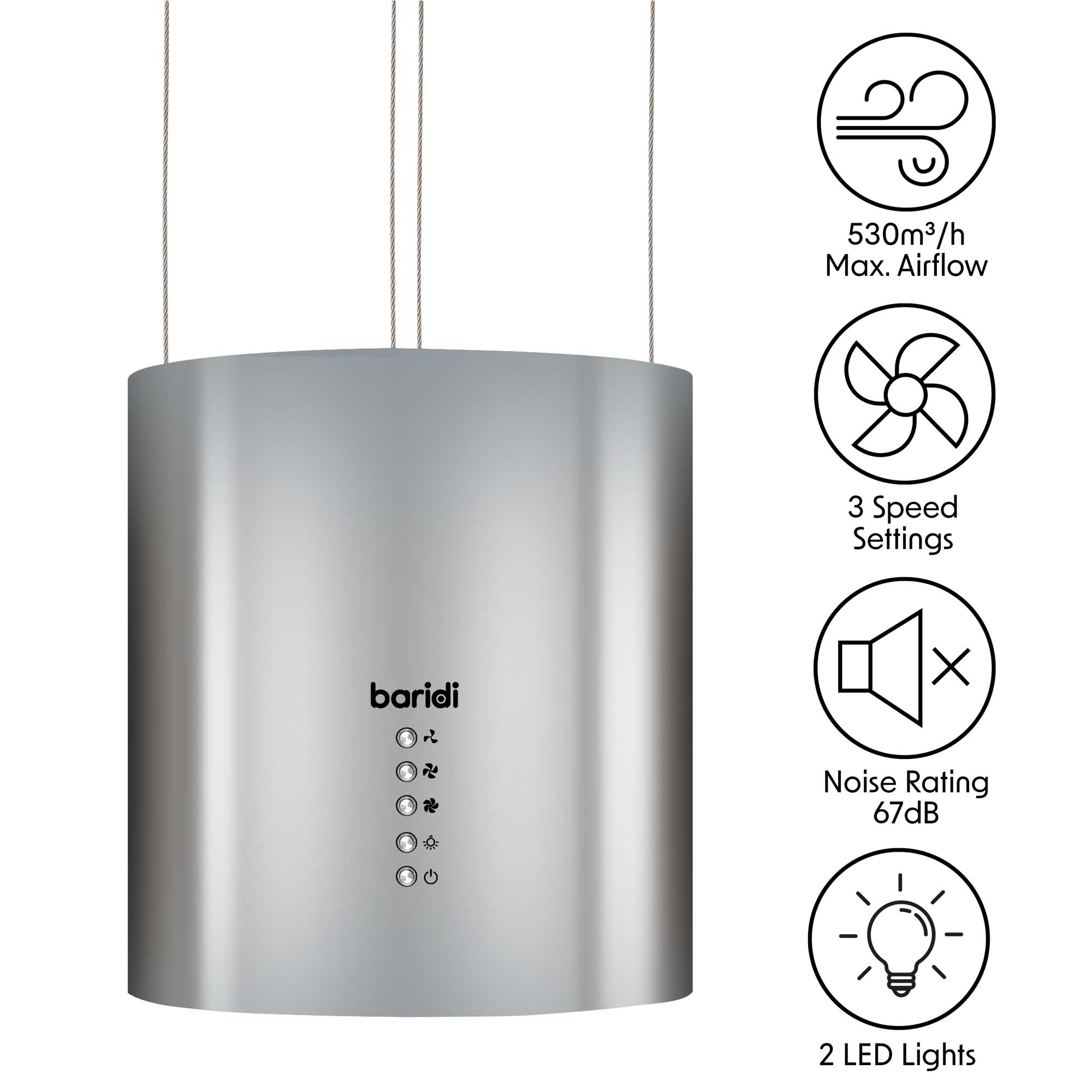 Baridi Island Range Hood - 35cm Pendant Style Stainless Steel Cooker Hood with 3 Speed Settings for Kitchen Ventilation | Modern Over Island Stove Extractor for Home Cooking