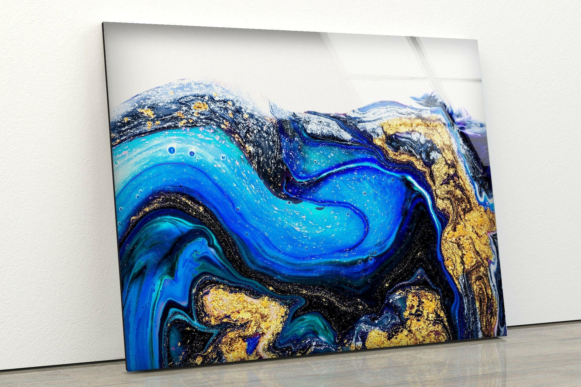 Blue Gold Marble Abstract Glass Wall Art - Modern Home Decor for Living Room, Bedroom & Office - Elegant Handmade Glass Panel for Contemporary Interior Design